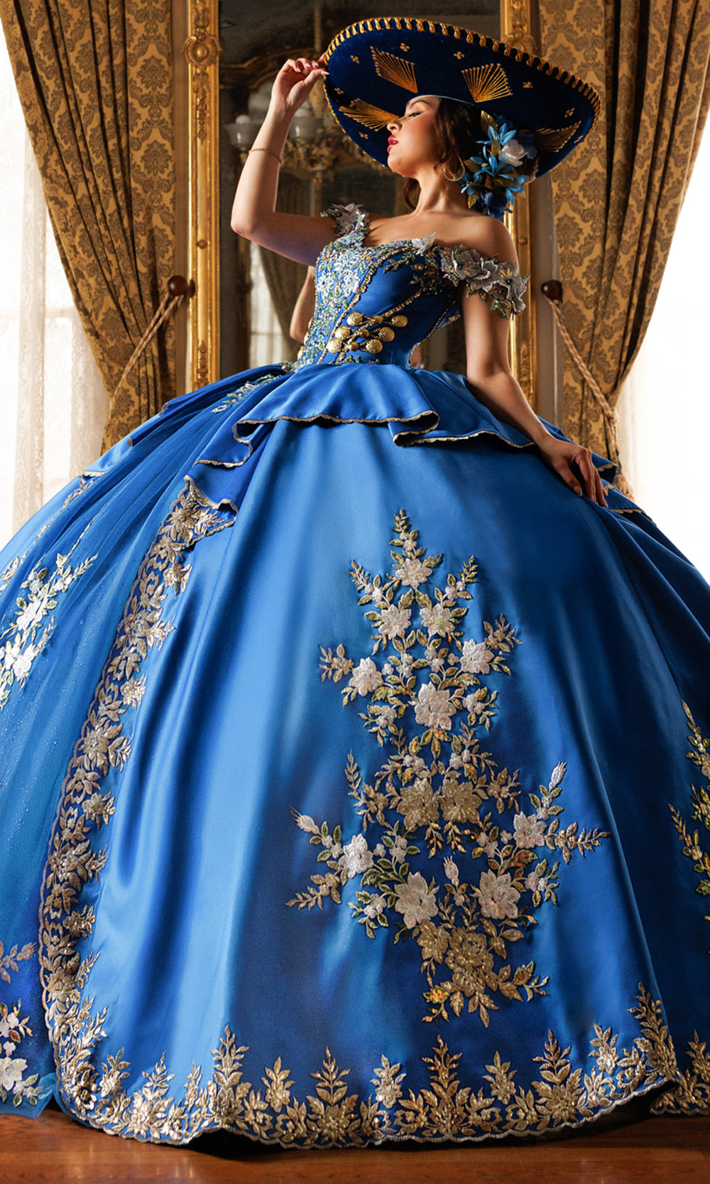 Rachel Allan RQ5020 - Bow Accent Off Shoulder Embroidered Gown Quinceanera Dresses in Blue Gold   