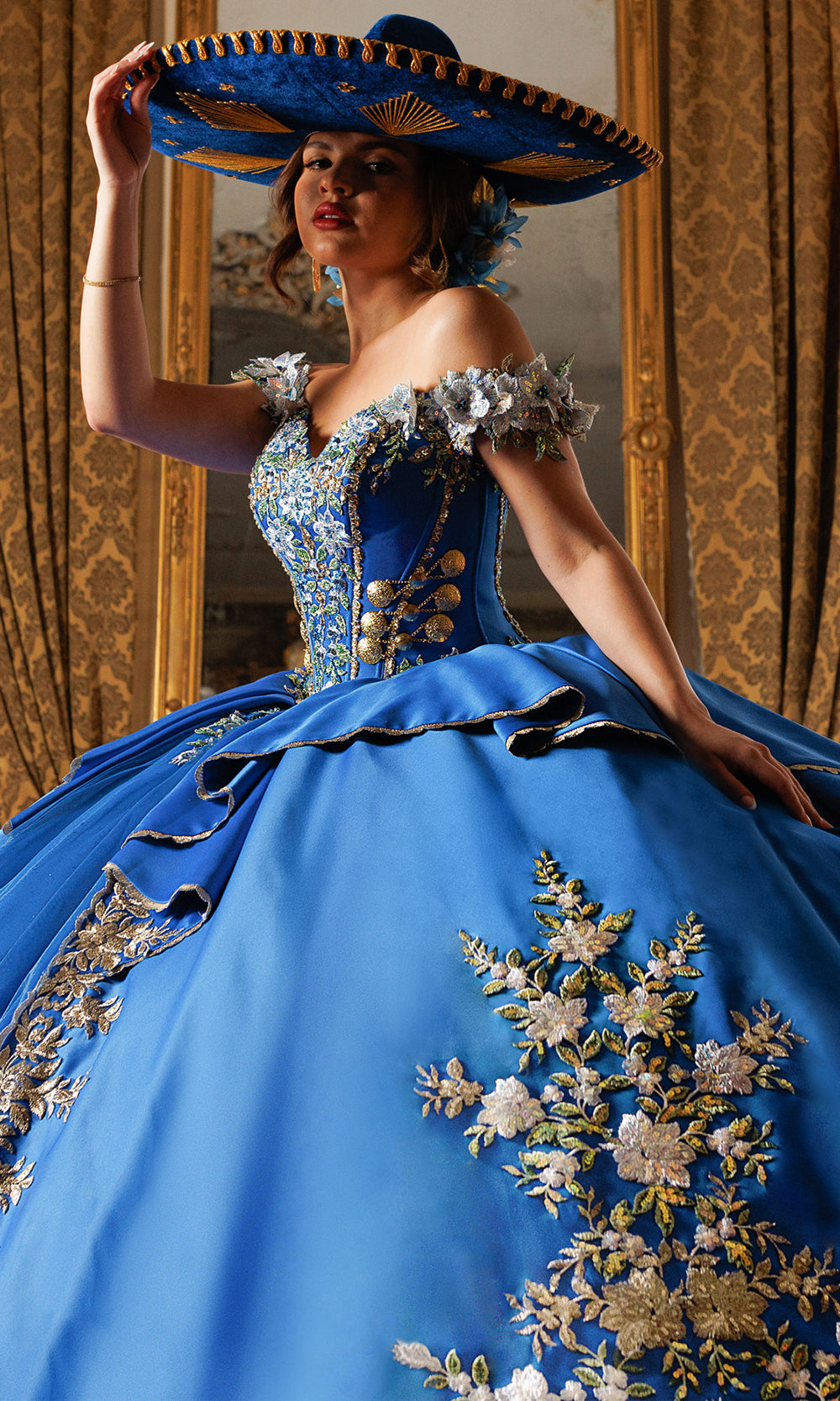 Rachel Allan RQ5020 - Bow Accent Off Shoulder Embroidered Gown Quinceanera Dresses in Blue Gold   