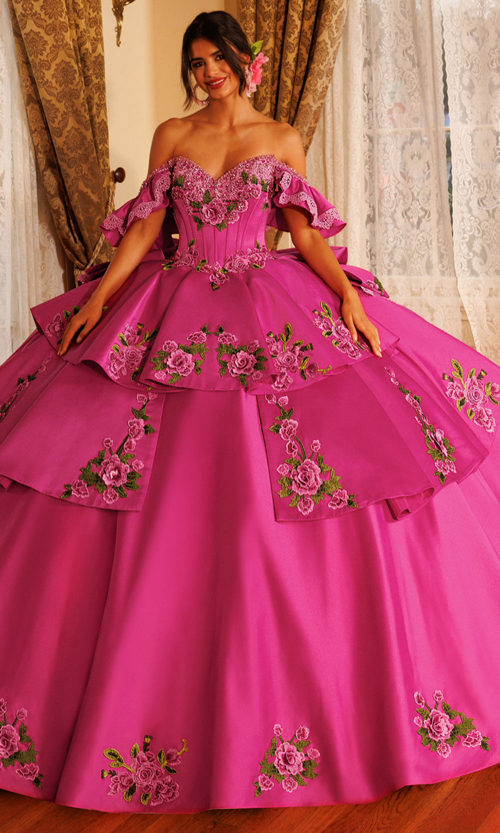 Rachel Allan RQ5021 - Ruffled Back Floral Embroidered Ballgown Quinceanera Dresses in Pink Multi   