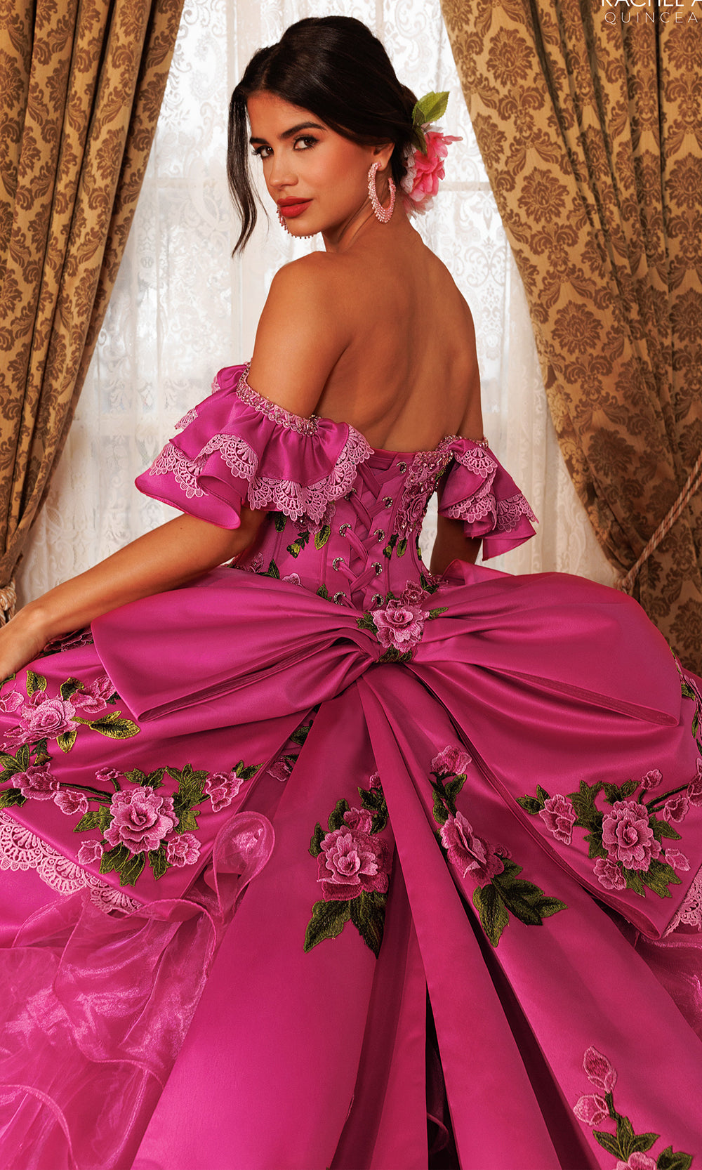 Rachel Allan RQ5021 - Ruffled Back Floral Embroidered Ballgown Quinceanera Dresses in Pink Multi   