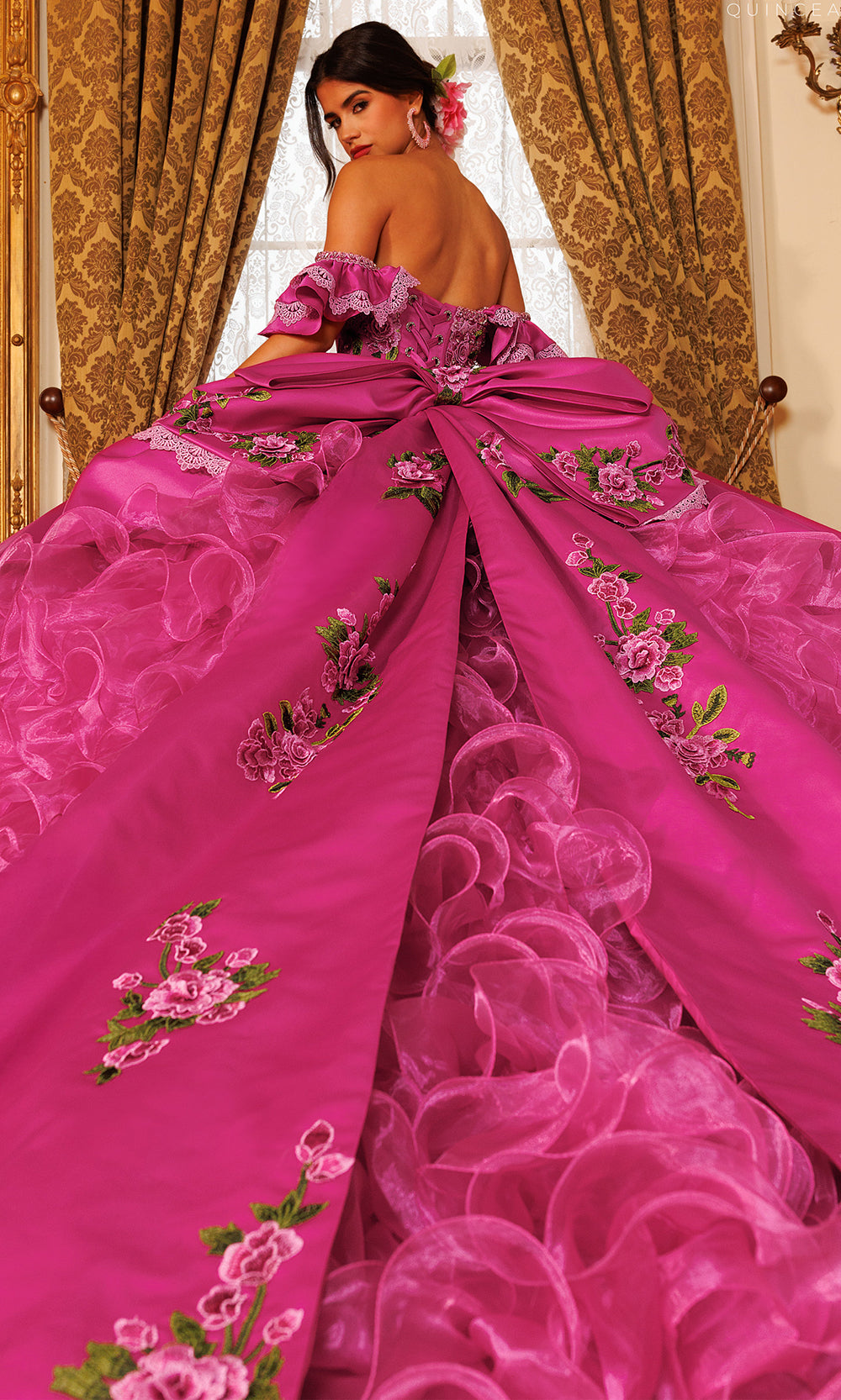 Rachel Allan RQ5021 - Ruffled Back Floral Embroidered Ballgown Quinceanera Dresses in Pink Multi   