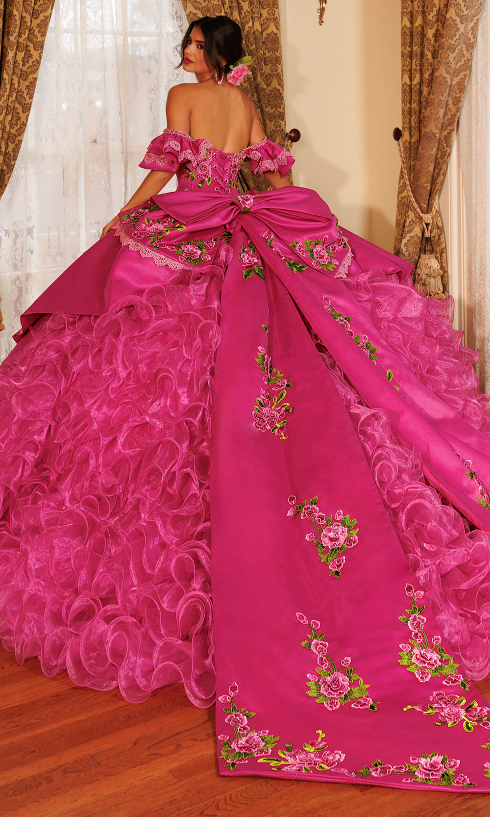 Rachel Allan RQ5021 - Ruffled Back Floral Embroidered Ballgown Quinceanera Dresses in Pink Multi   