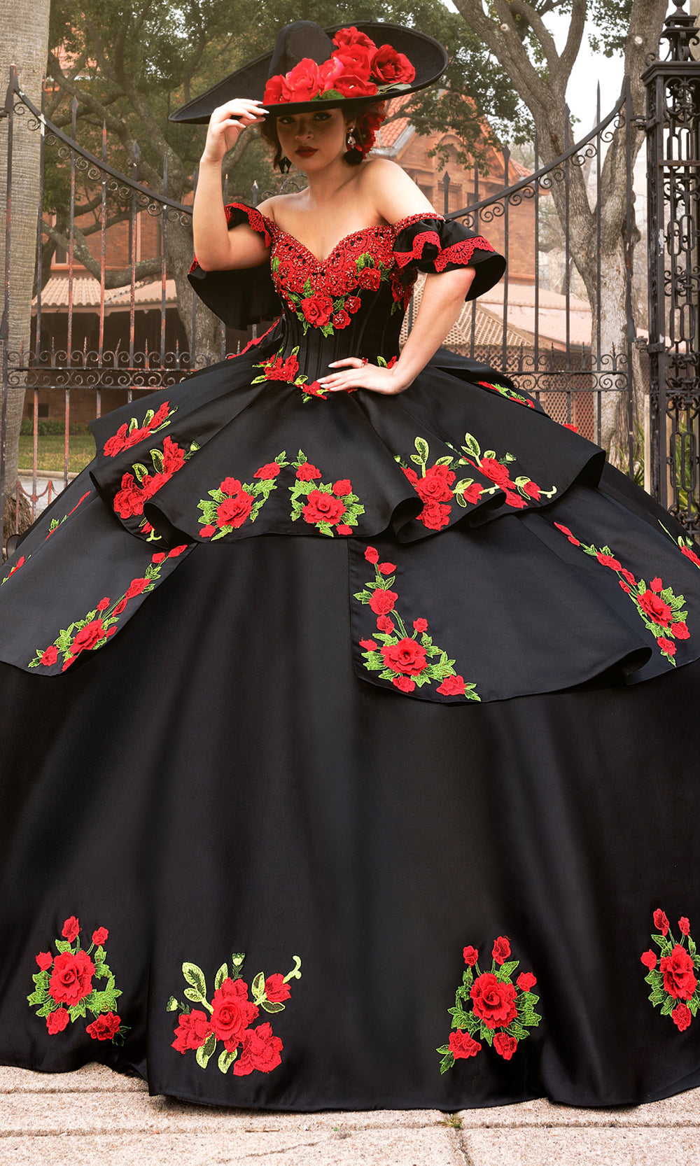 Rachel Allan RQ5021 - Ruffled Back Floral Embroidered Ballgown Quinceanera Dresses in Black Multi   
