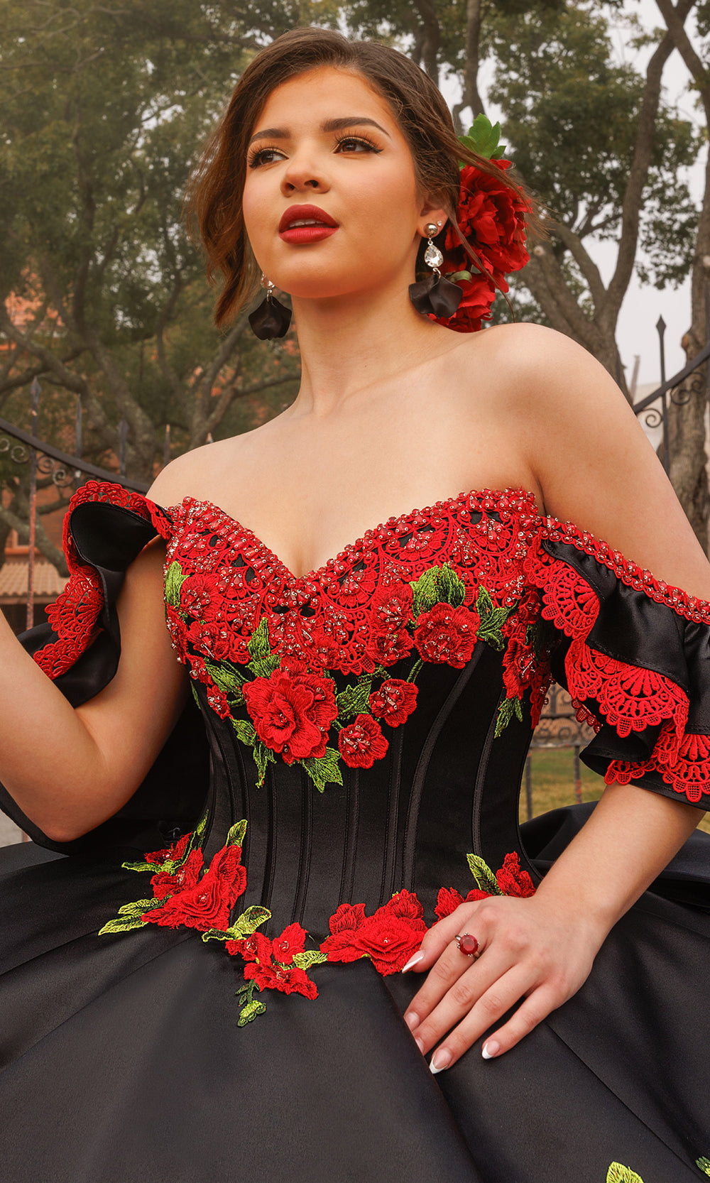 Rachel Allan RQ5021 - Ruffled Back Floral Embroidered Ballgown Quinceanera Dresses in Black Multi   