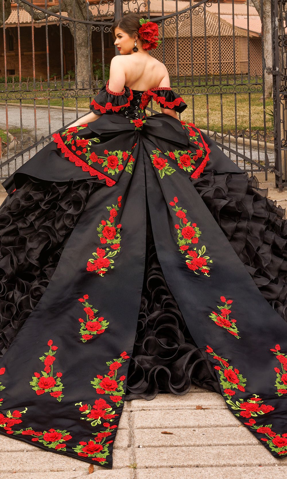 Rachel Allan RQ5021 - Ruffled Back Floral Embroidered Ballgown Quinceanera Dresses in Black Multi   
