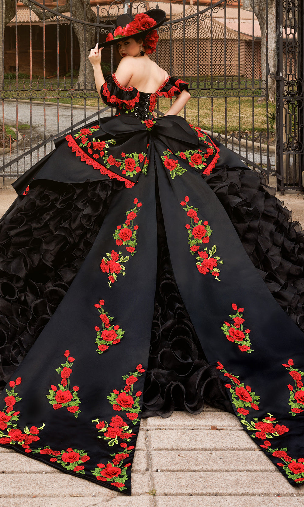 Rachel Allan RQ5021 - Ruffled Back Floral Embroidered Ballgown Quinceanera Dresses in Black Multi   
