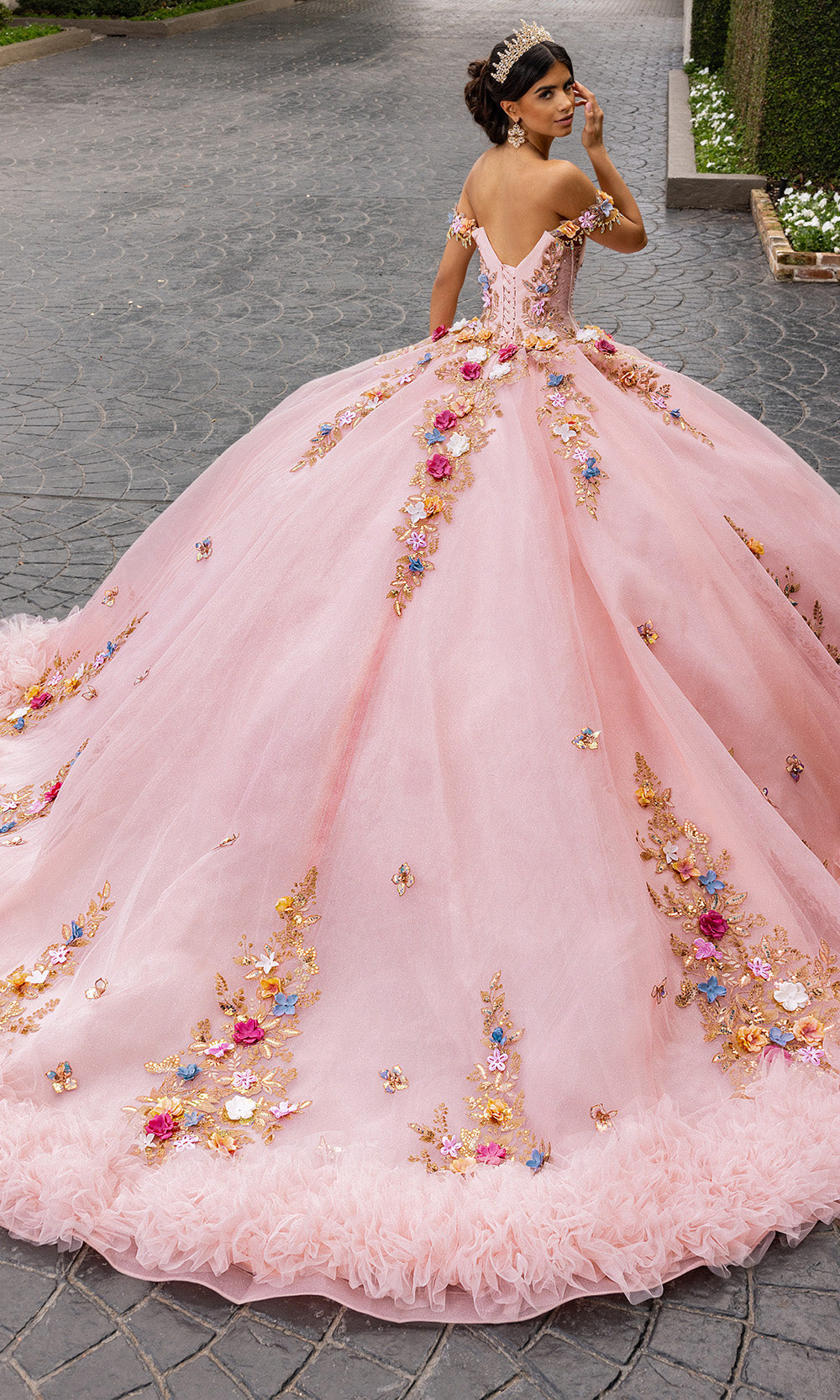 Rachel Allan RQ6000 - Long Tulle, Glitter Tulle Ballgown Dress - 3D Flowers, Off-Shoulder Sleeves, Ruffle Hem, Corset Bodice, Embroidery, Beaded, Sequin, Detachable Bodice Liner ADASA Rachel Allan RQ6000 - Long Tulle, Glitter Tulle Ballgown Dress - 3D Flowers, Off-Shoulder Sleeves, Ruffle Hem, Corset Bodice, Embroidery, Beaded, Sequin, Detachable Bodice Liner ADASA