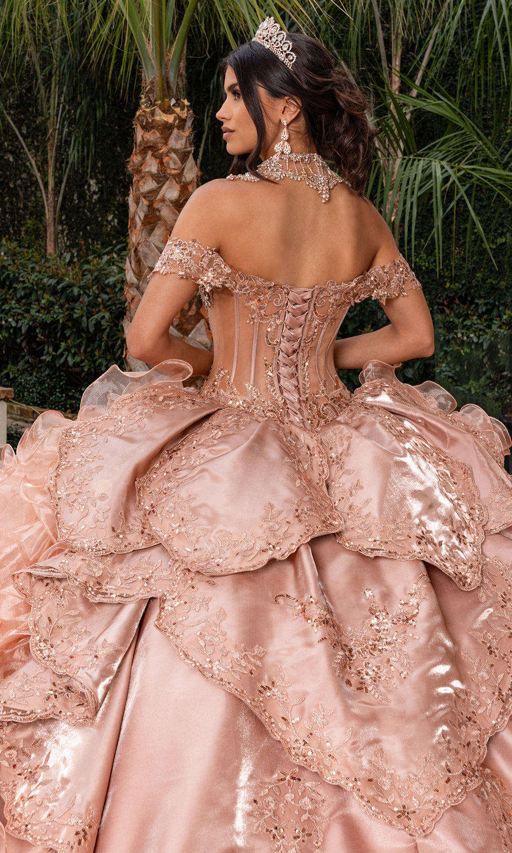 Rachel Allan RQ6004 - Long Crystal Satin, Organza Ballgown Dress - Beaded, Sequin, Embroidery, Off Shoulder Sleeves, Tiered Ruffle Train, Detachable Rachel Allan RQ6004 - Long Crystal Satin, Organza Ballgown Dress - Beaded, Sequin, Embroidery, Off Shoulder Sleeves, Tiered Ruffle Train, Detachable