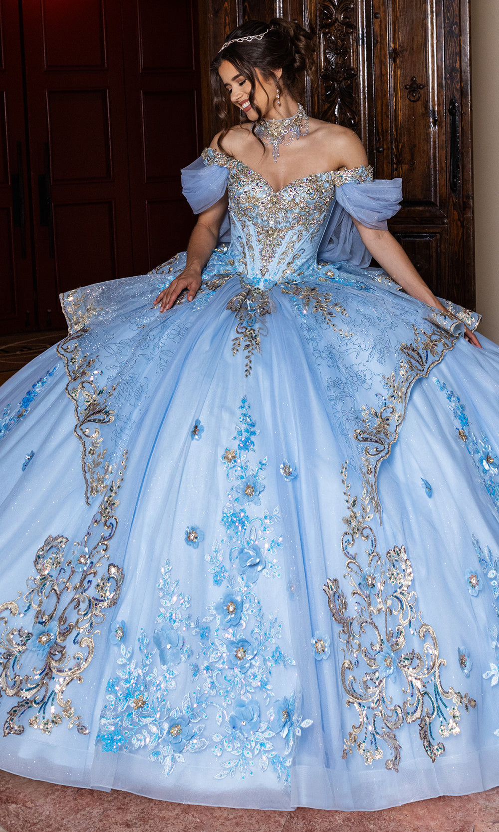Rachel Allan RQ6010 - Quinceanera Corset Tulle Gown Quinceanera Dresses in Light Blue Gold