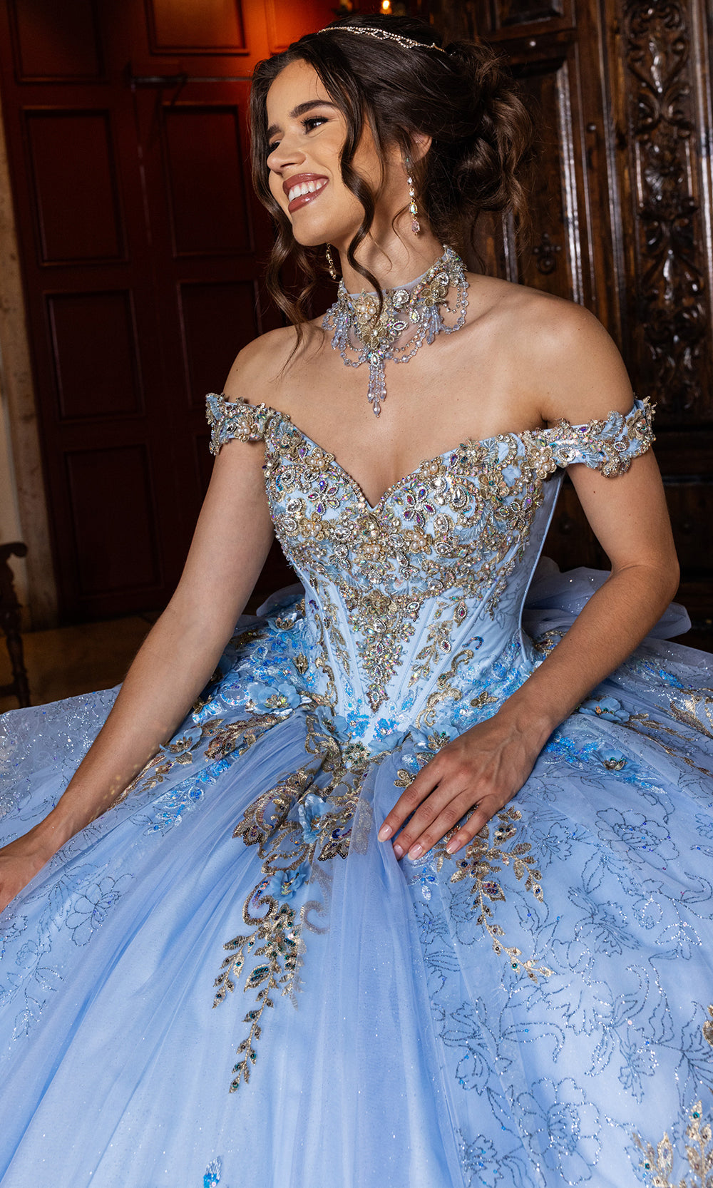 Rachel Allan RQ6010 - Quinceanera Corset Tulle Gown Quinceanera Dresses in Light Blue Gold