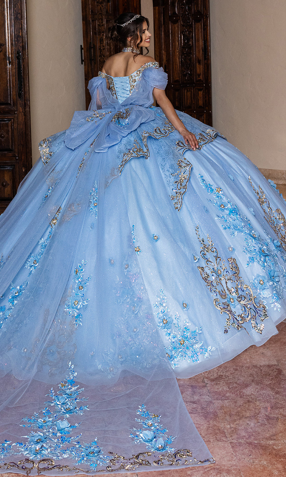 Rachel Allan RQ6010 - Quinceanera Corset Tulle Gown Quinceanera Dresses in Light Blue Gold