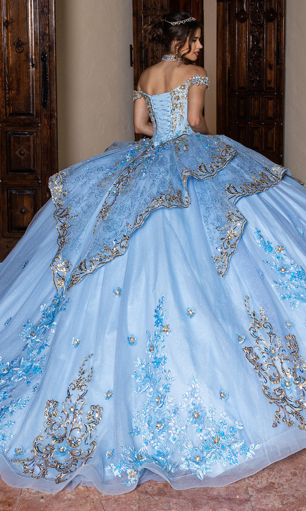 Rachel Allan RQ6010 - Quinceanera Corset Tulle Gown Quinceanera Dresses in Light Blue Gold