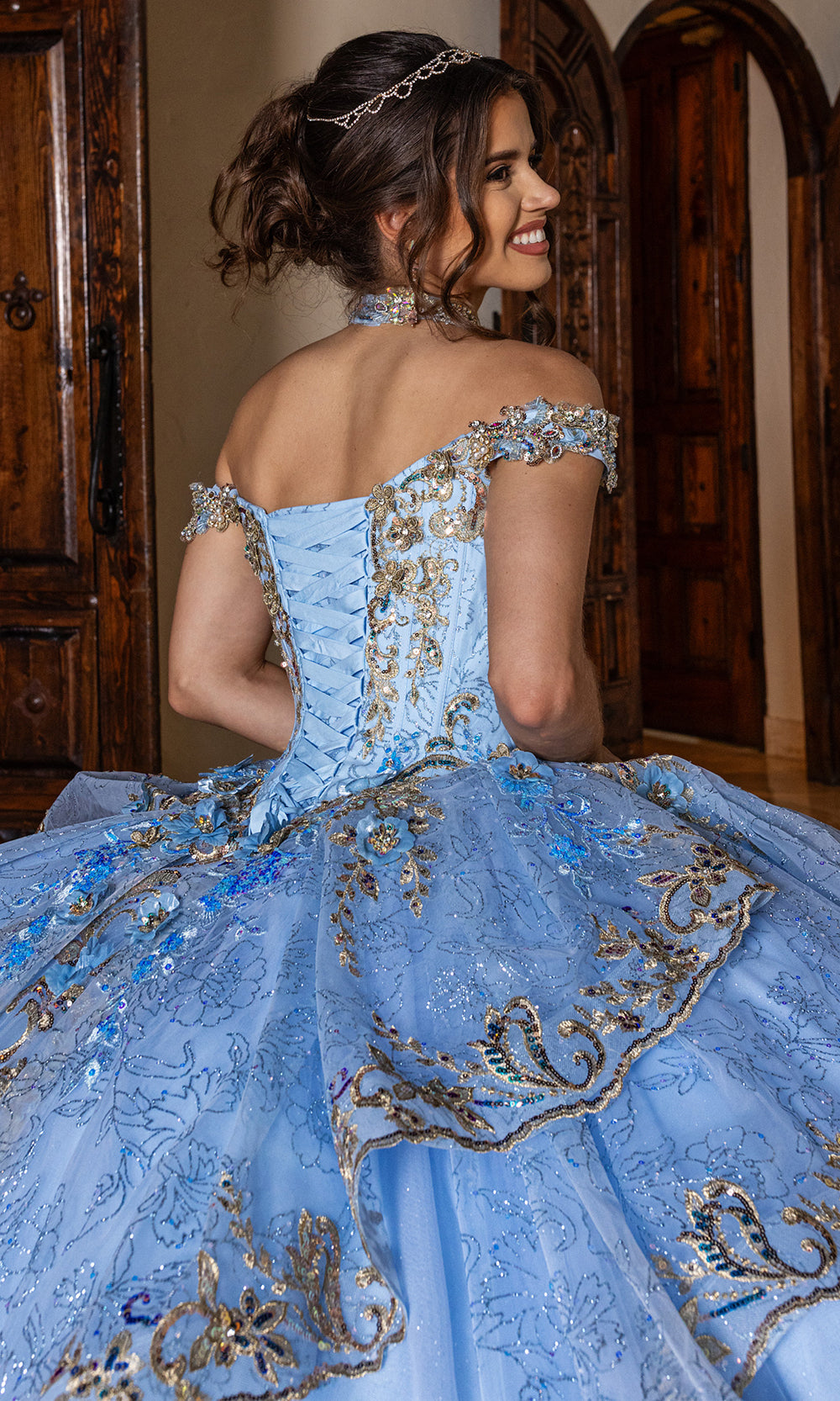 Rachel Allan RQ6010 - Quinceanera Corset Tulle Gown Quinceanera Dresses in Light Blue Gold