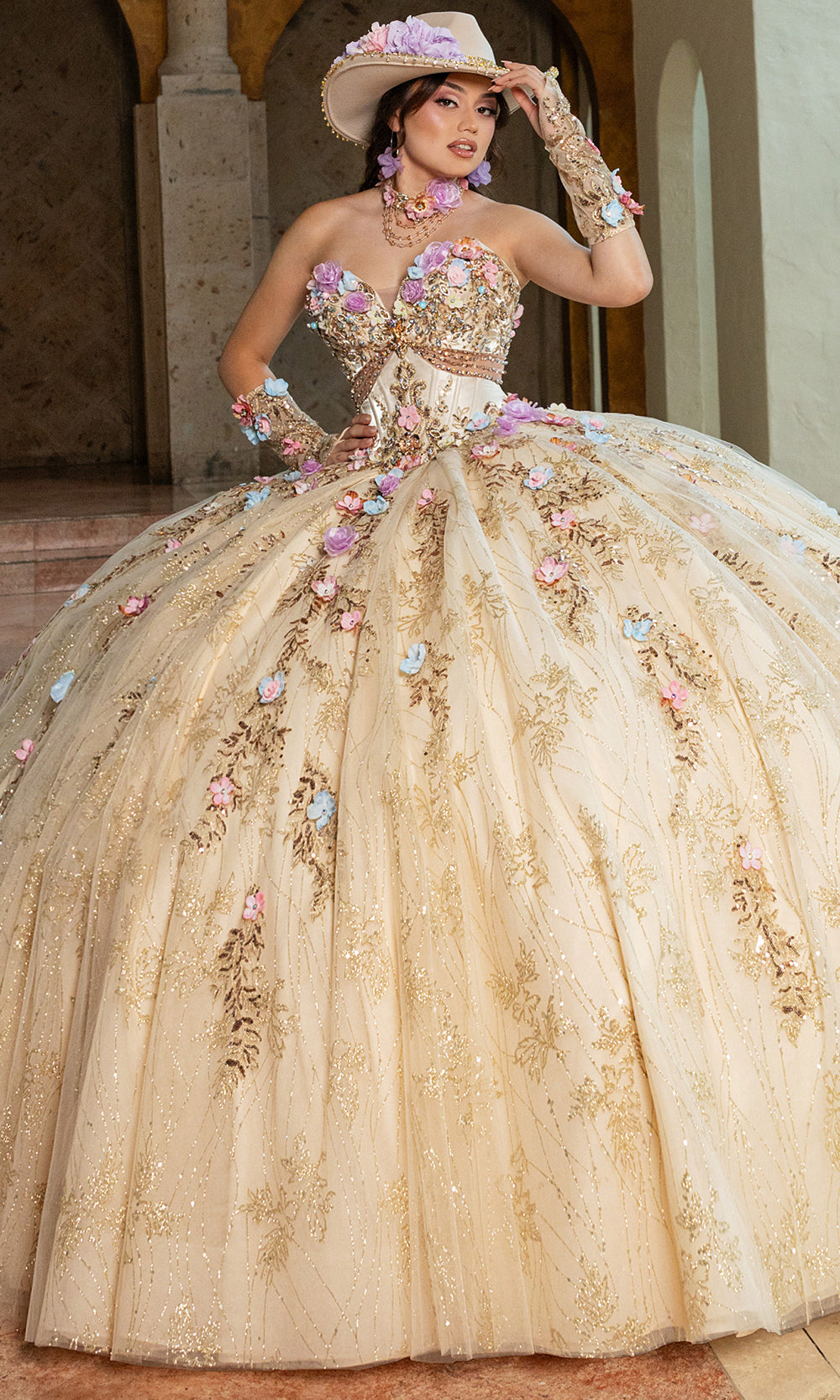 Rachel Allan RQ6011 - Off Shoulder Beaded Quince Dress Quinceanera Dresses in Champagne Multi