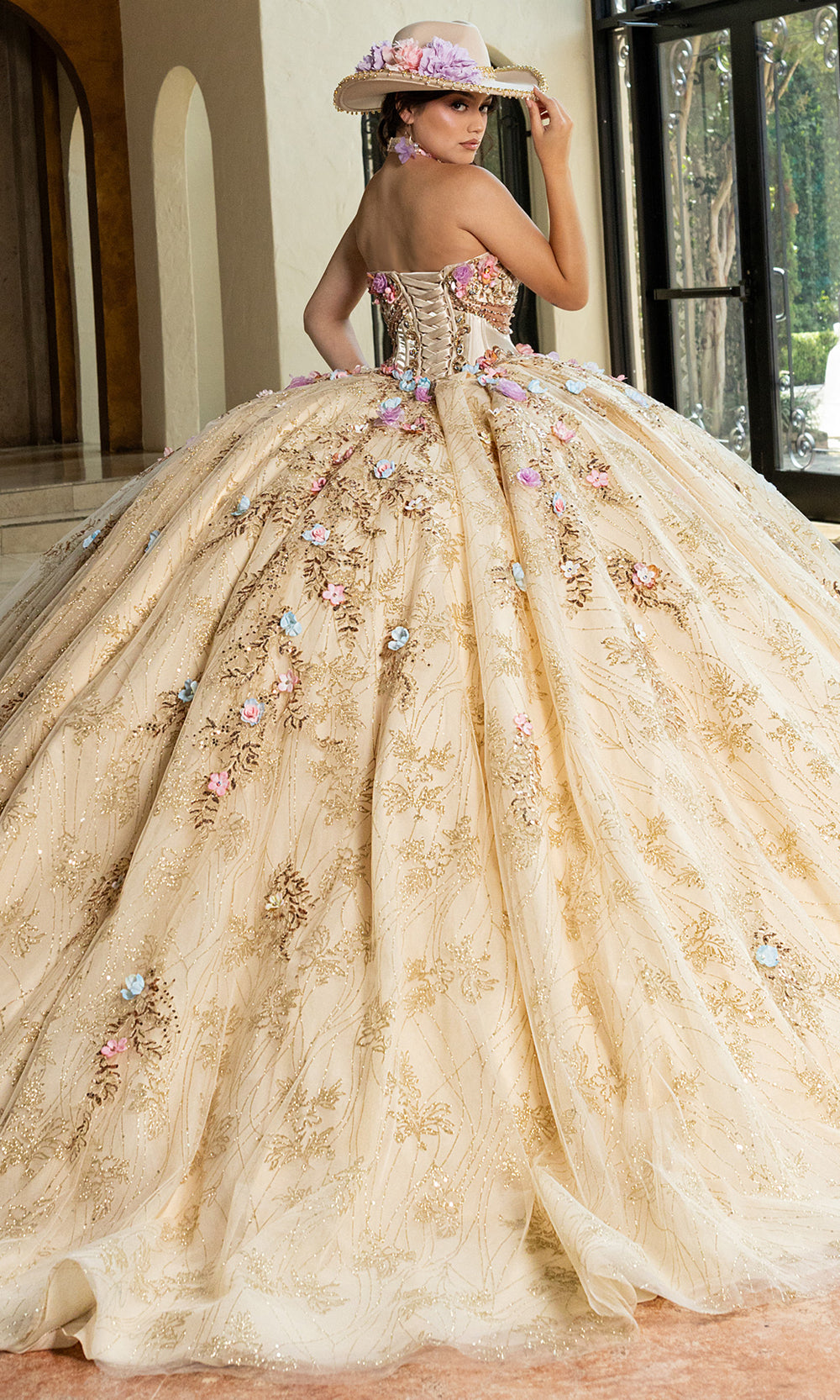 Rachel Allan RQ6011 - Off Shoulder Beaded Quince Dress Quinceanera Dresses in Champagne Multi