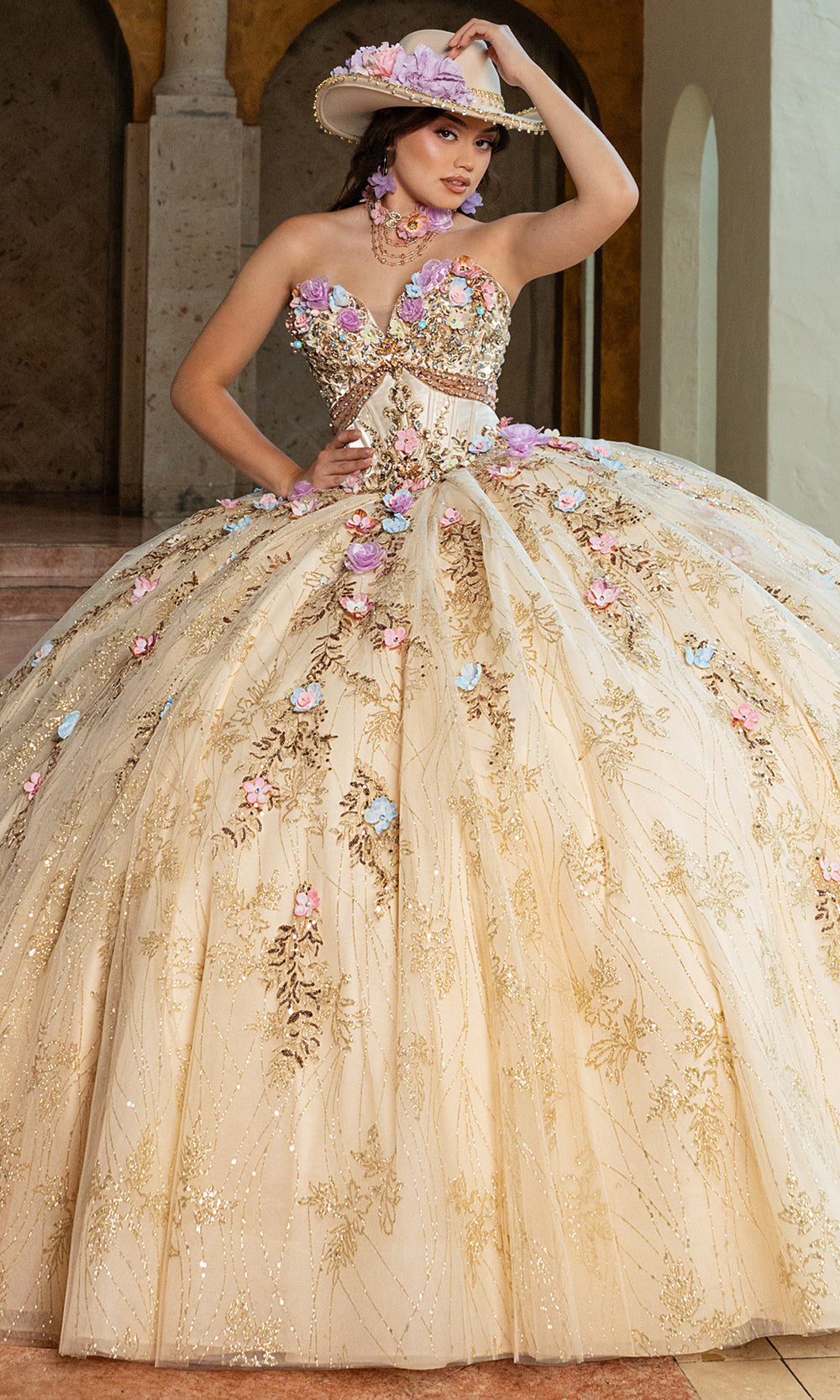 Rachel Allan RQ6011 - Off Shoulder Beaded Quince Dress Quinceanera Dresses in Champagne Multi