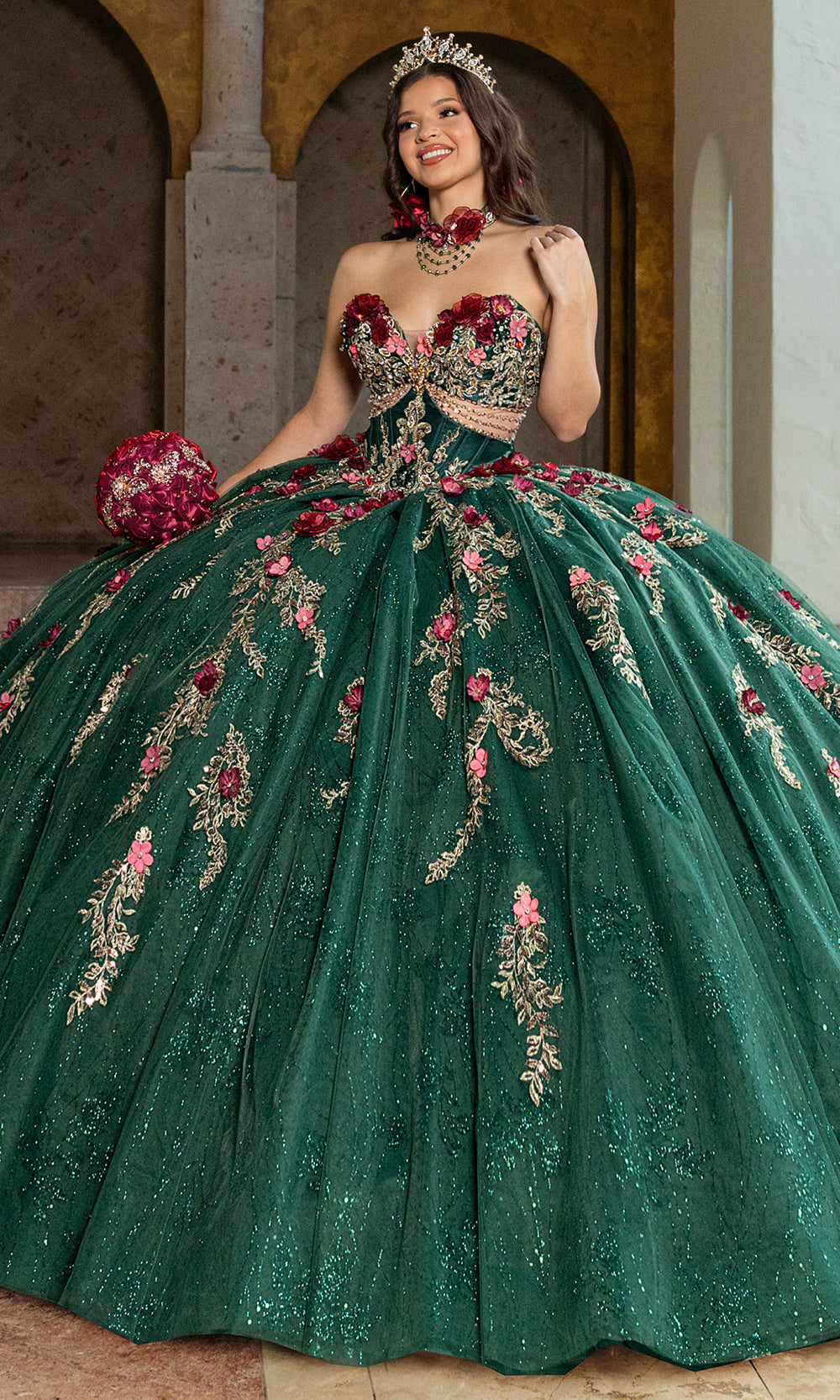 Rachel Allan RQ6011 - Off Shoulder Beaded Quince Dress Quinceanera Dresses in Emerald Multi