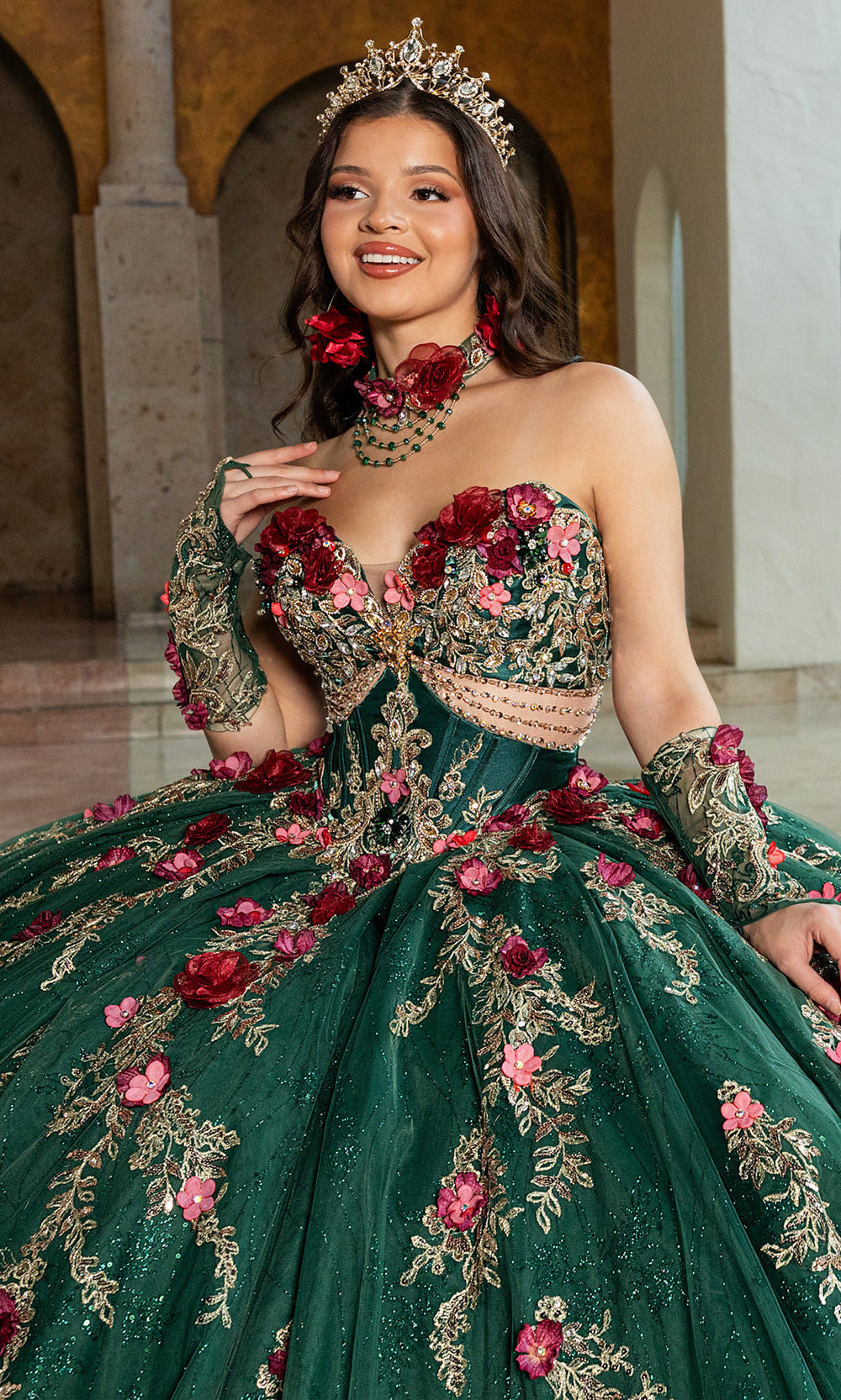 Rachel Allan RQ6011 - Off Shoulder Beaded Quince Dress Quinceanera Dresses in Emerald Multi