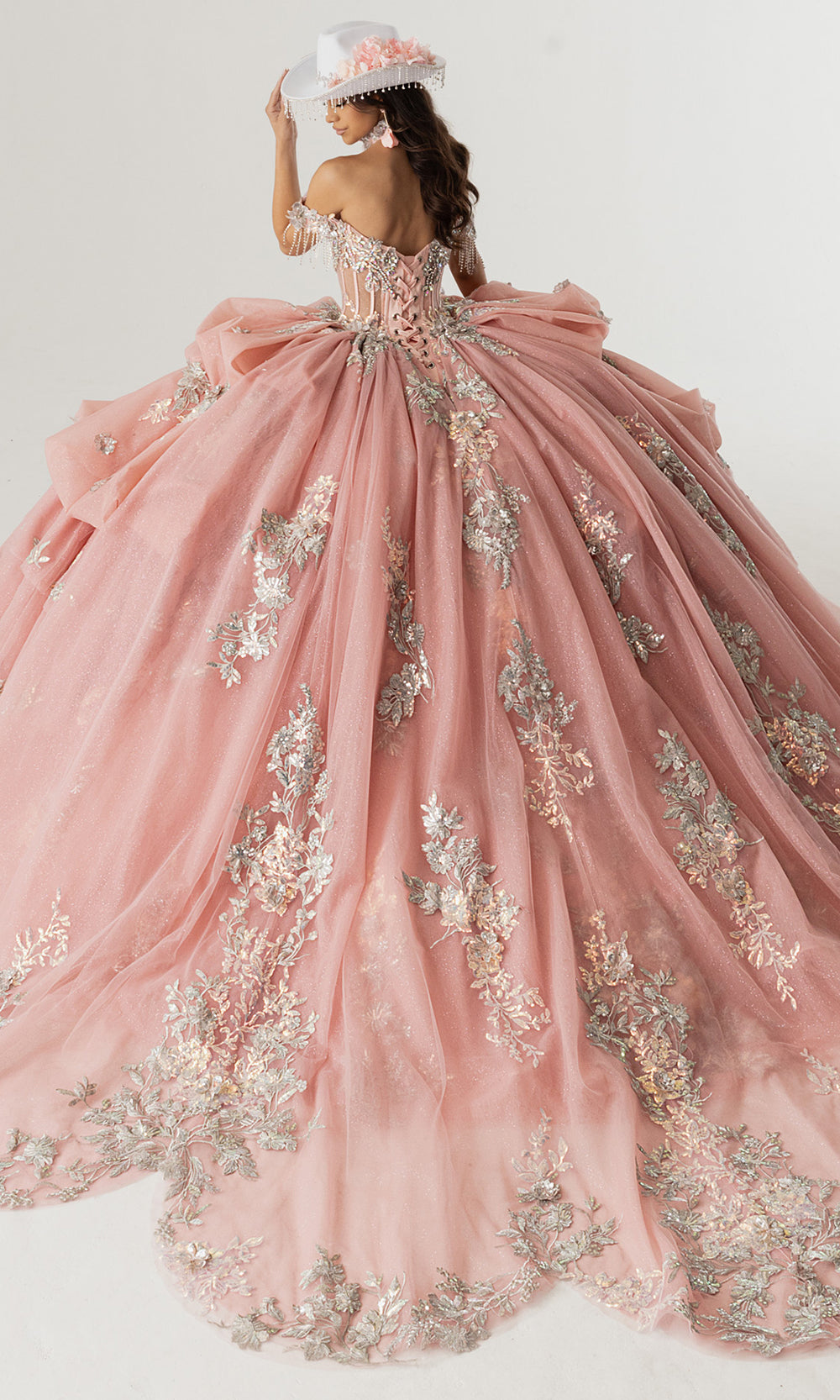 Rachel Allan RQ6014 - Off Shoulder Ruffle Quince Dress Quinceanera Dresses in Rose Pink Silver