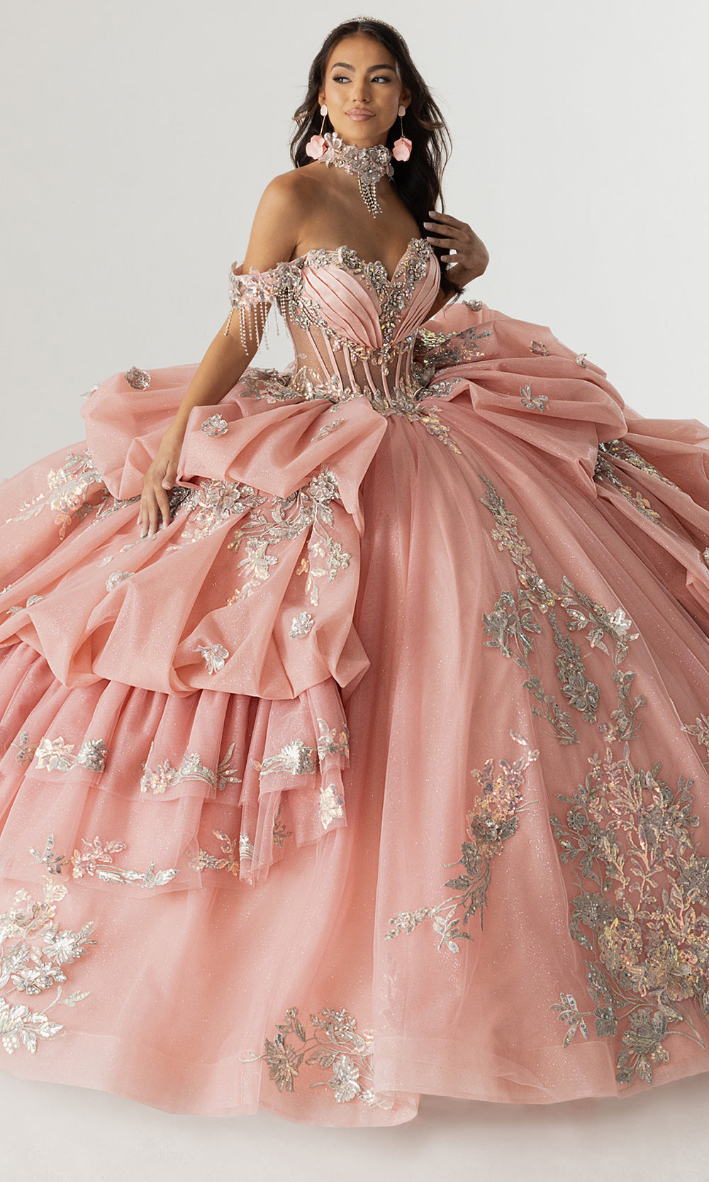 Rachel Allan RQ6014 - Off Shoulder Ruffle Quince Dress Quinceanera Dresses in Rose Pink Silver