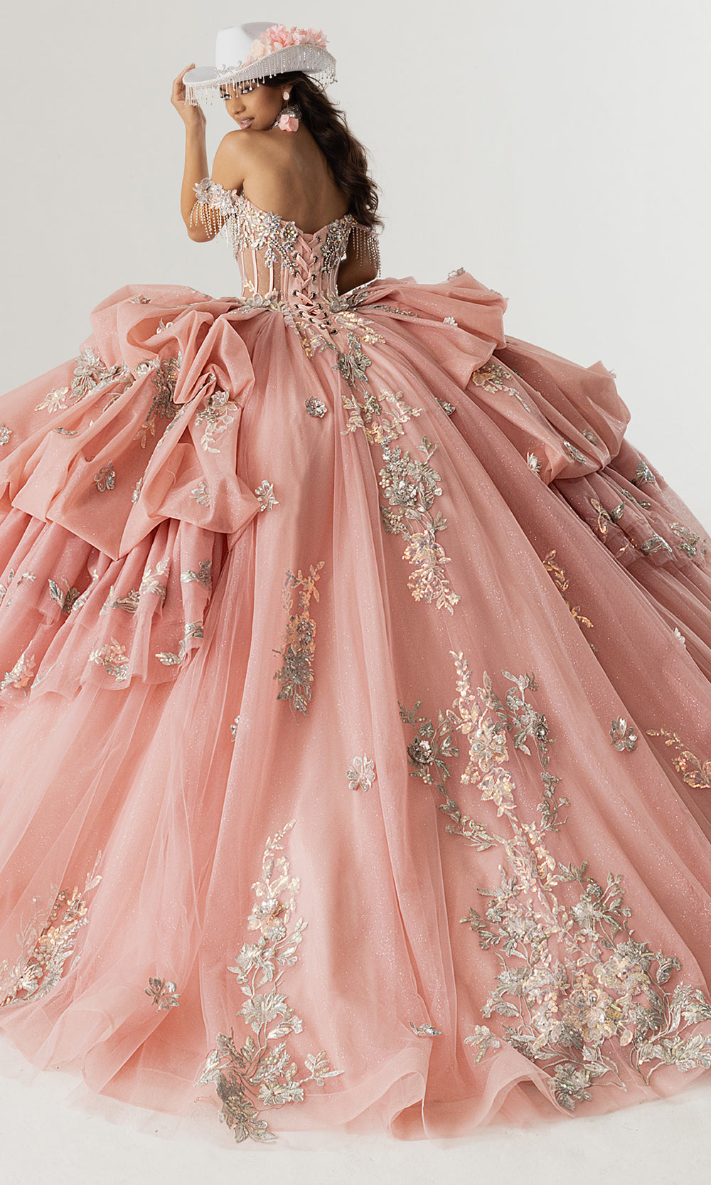 Rachel Allan RQ6014 - Off Shoulder Ruffle Quince Dress Quinceanera Dresses in Rose Pink Silver