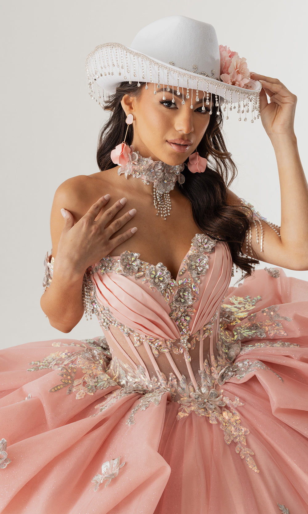 Rachel Allan RQ6014 - Long Tulle, Glitter Tulle, Applique, Beading, 3D Flowers, Beaded Frin Ballgown Dress