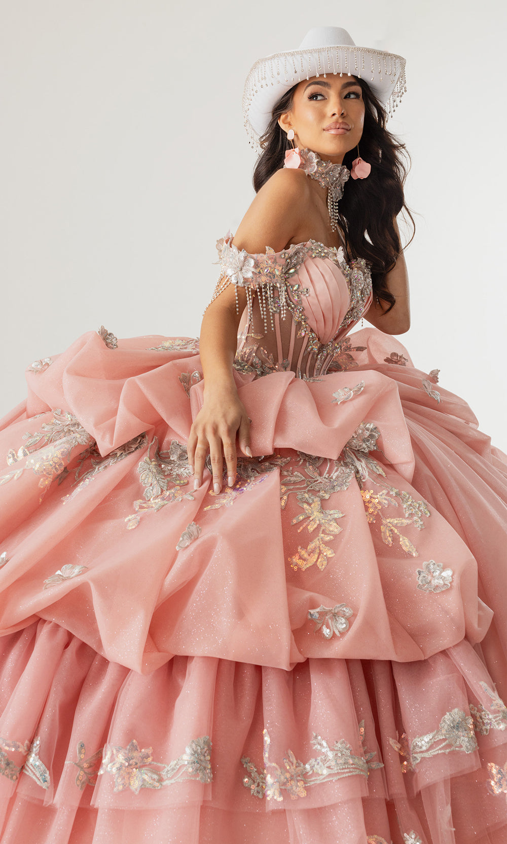 Rachel Allan RQ6014 - Off Shoulder Ruffle Quince Dress Quinceanera Dresses in Rose Pink Silver