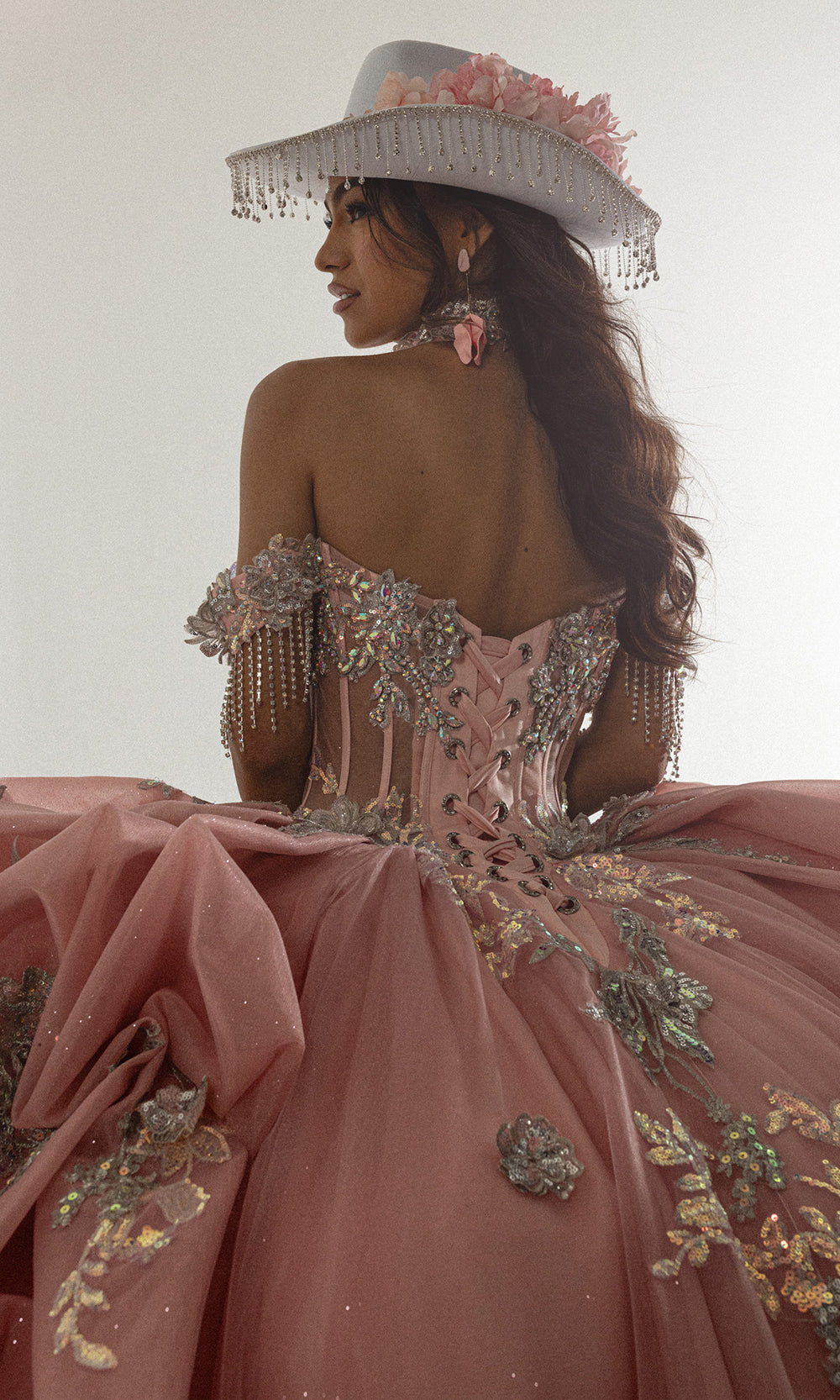 Rachel Allan RQ6014 - Off Shoulder Ruffle Quince Dress Quinceanera Dresses in Rose Pink Silver