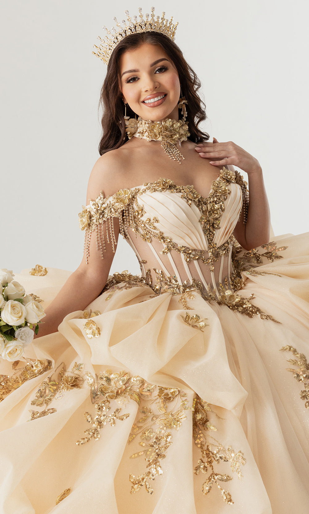off the shoulder quince dress Rachel Allan RQ6014 - Long Tulle, Glitter Tulle, Applique, Beading, 3D Flowers, Beaded Frin Ballgown Size:UK XS (Buy Now) Flowy Chiffon Round Neckline It is available in dark blue evening dresses