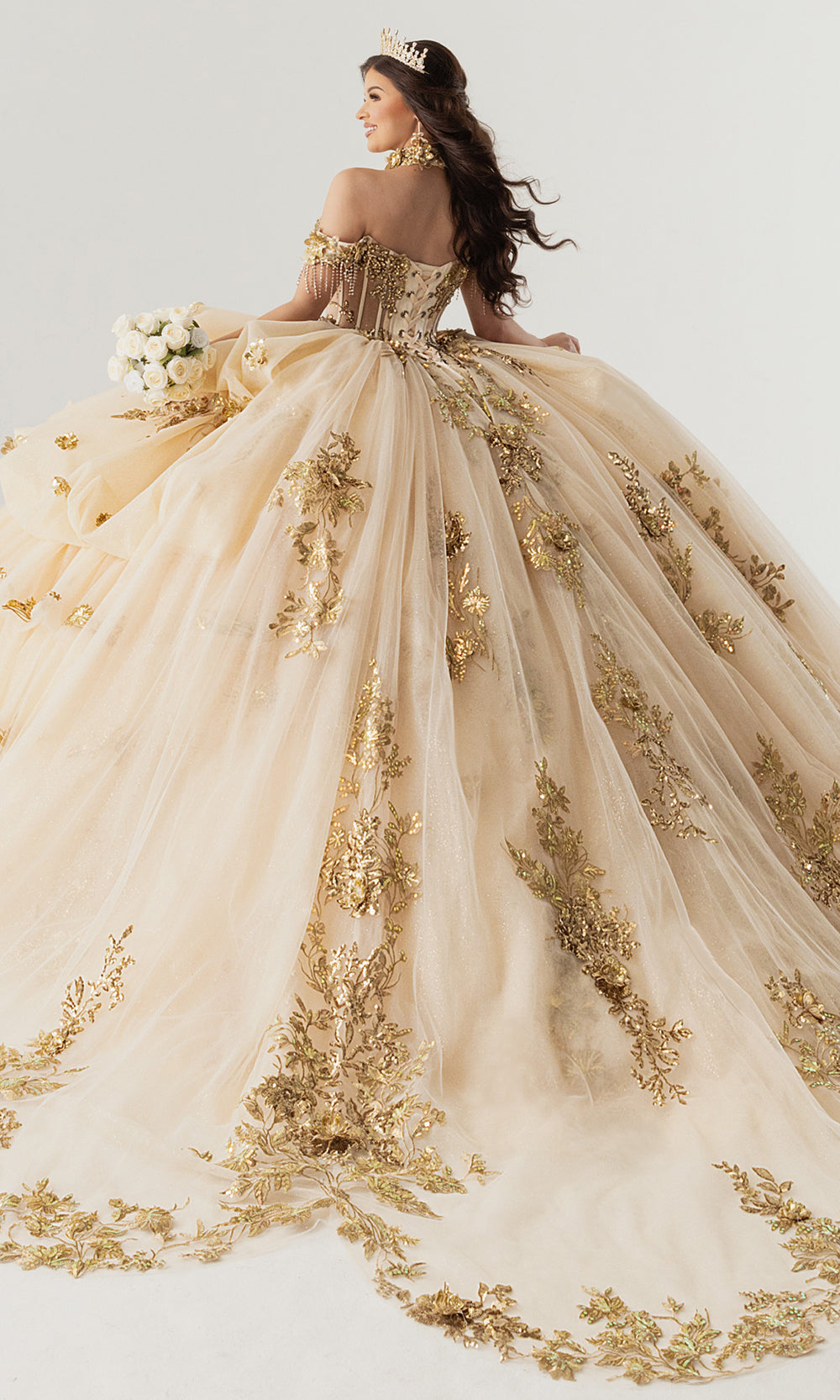 Rachel Allan RQ6014 - Off Shoulder Ruffle Quince Dress Quinceanera Dresses in Champagne Gold