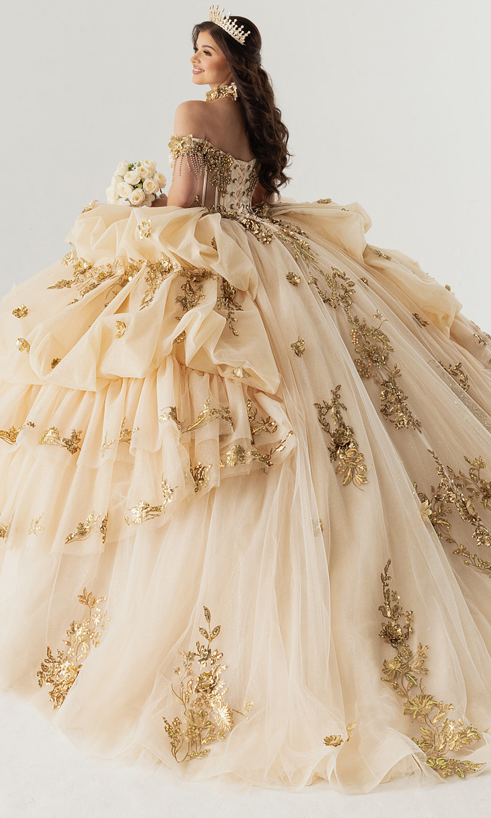 Rachel Allan RQ6014 - Off Shoulder Ruffle Quince Dress Quinceanera Dresses in Champagne Gold