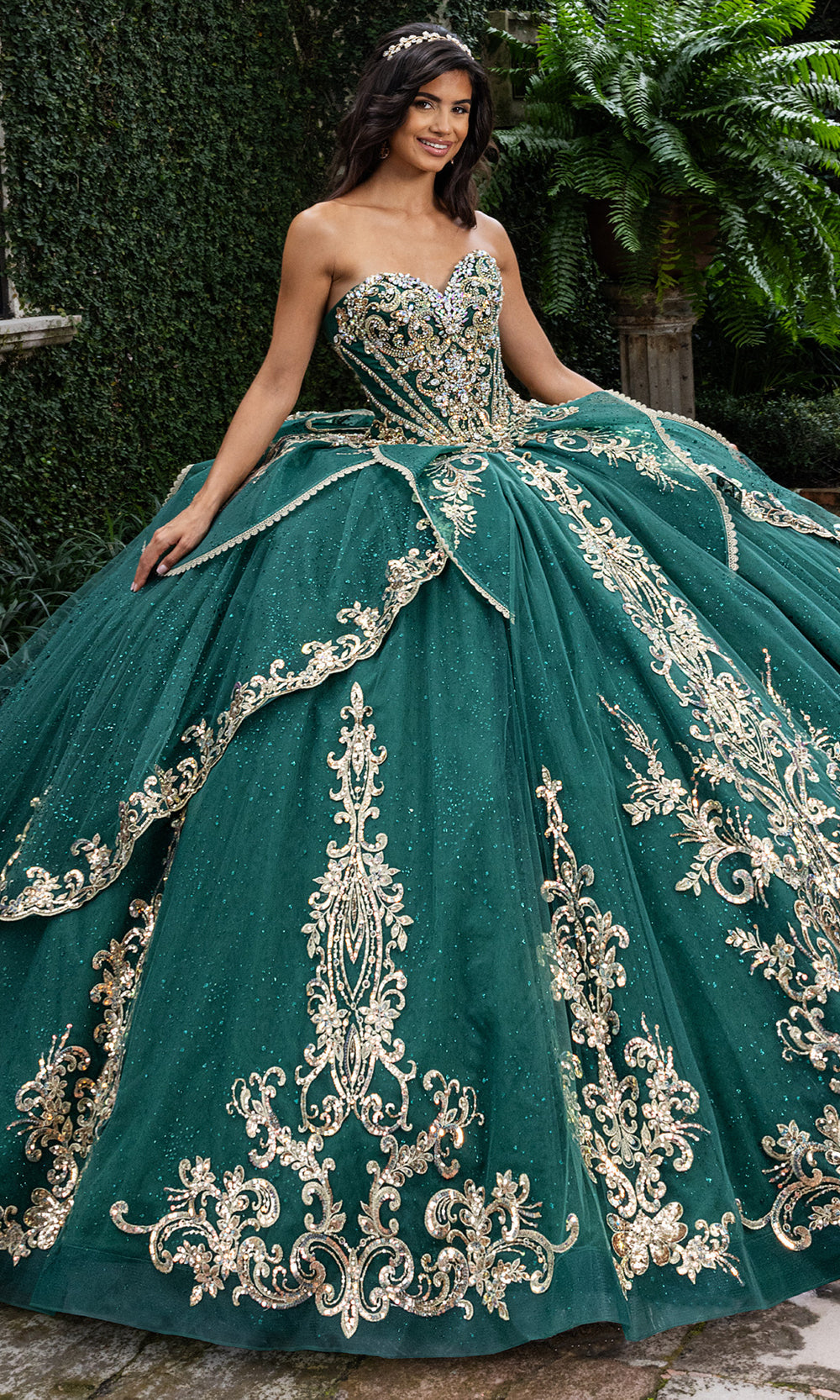 Rachel Allan RQ6015 - Strapless Quince Ball Dress Quinceanera Dresses in Emerald Gold