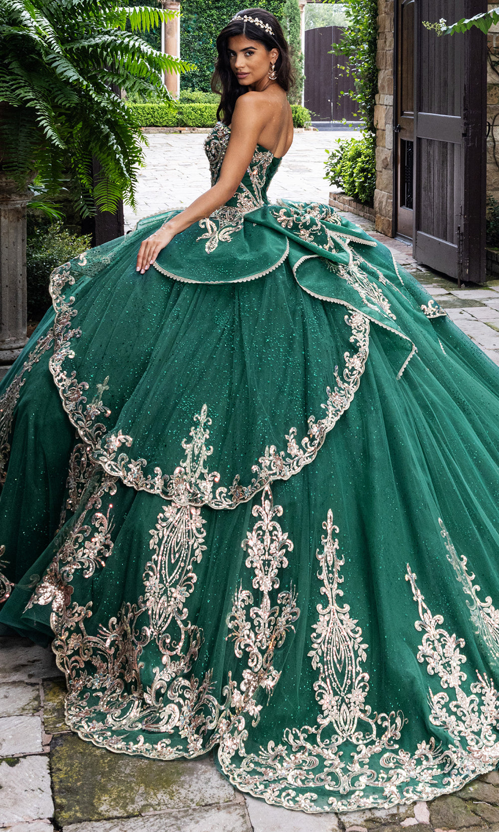 Rachel Allan RQ6015 - Strapless Quince Ball Dress Quinceanera Dresses in Emerald Gold