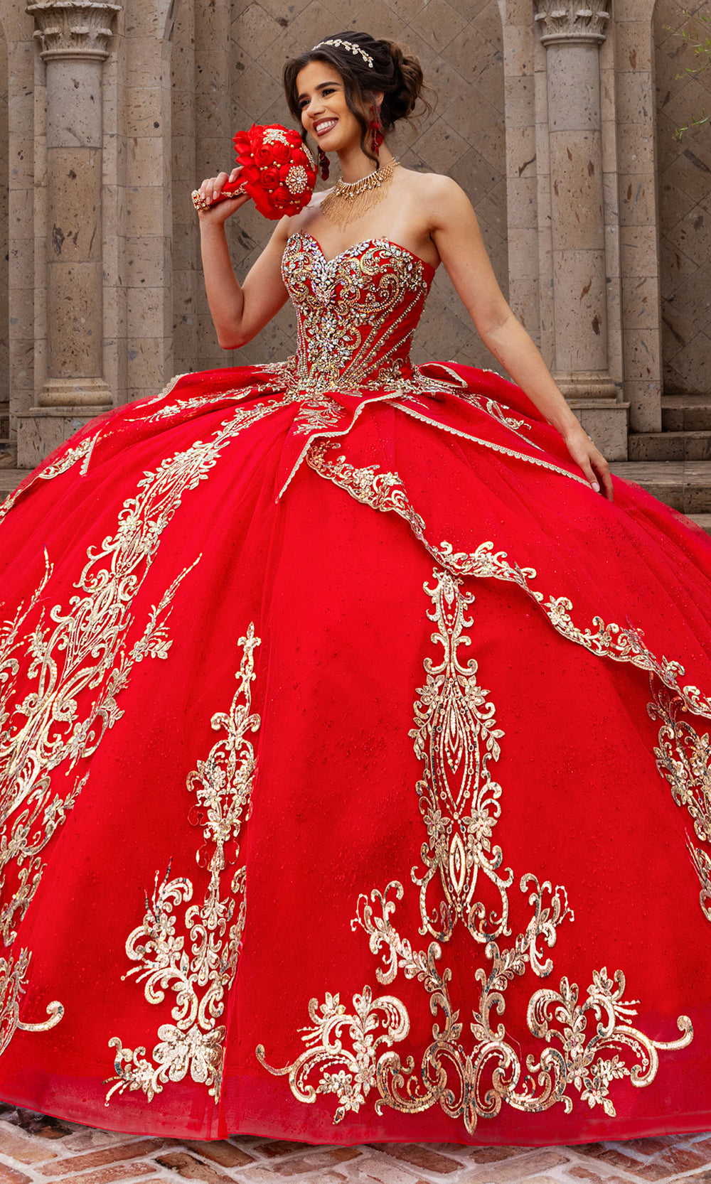 Rachel Allan RQ6015 - Strapless Quince Ball Dress Quinceanera Dresses in Red Gold