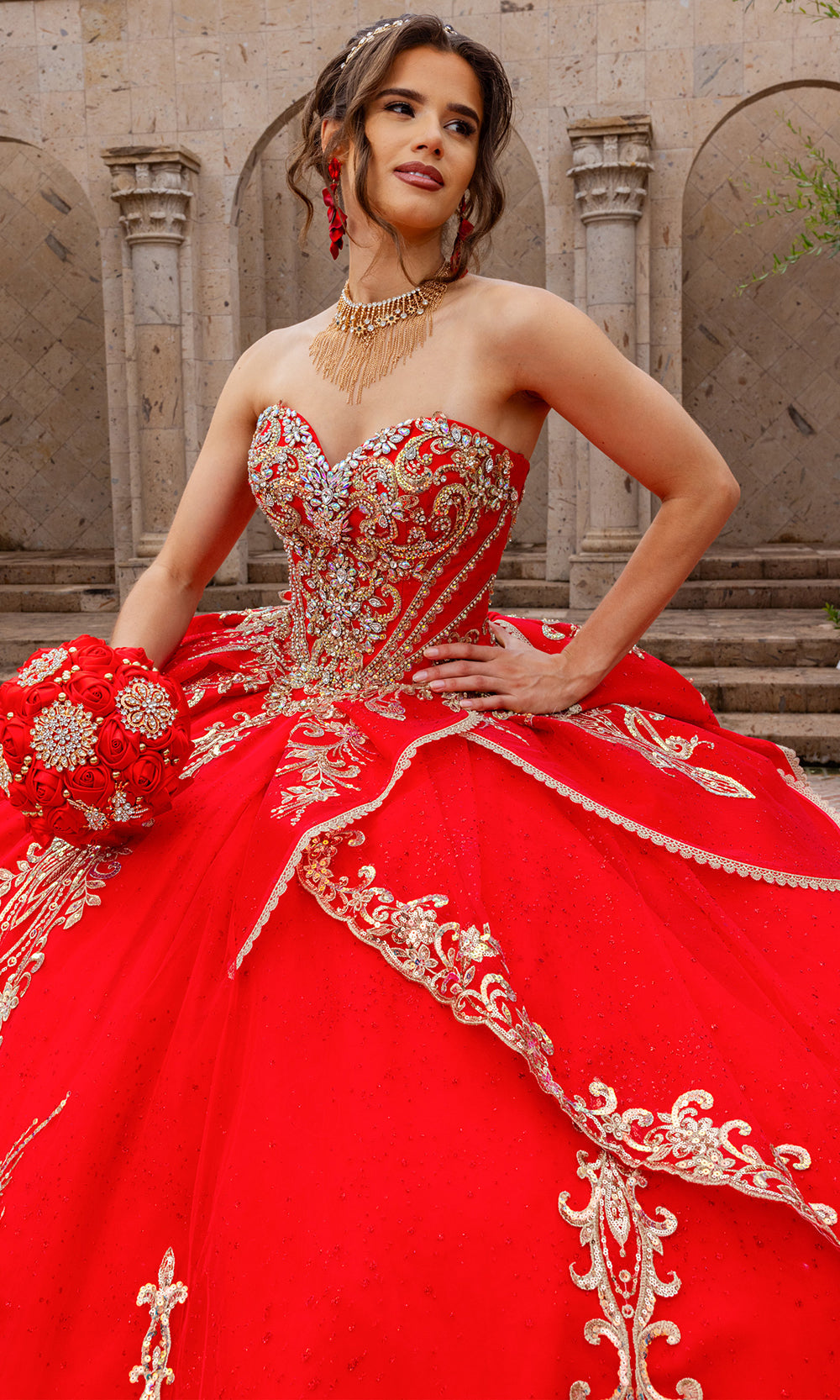 Rachel Allan RQ6015 - Strapless Quince Ball Dress Quinceanera Dresses in Red Gold