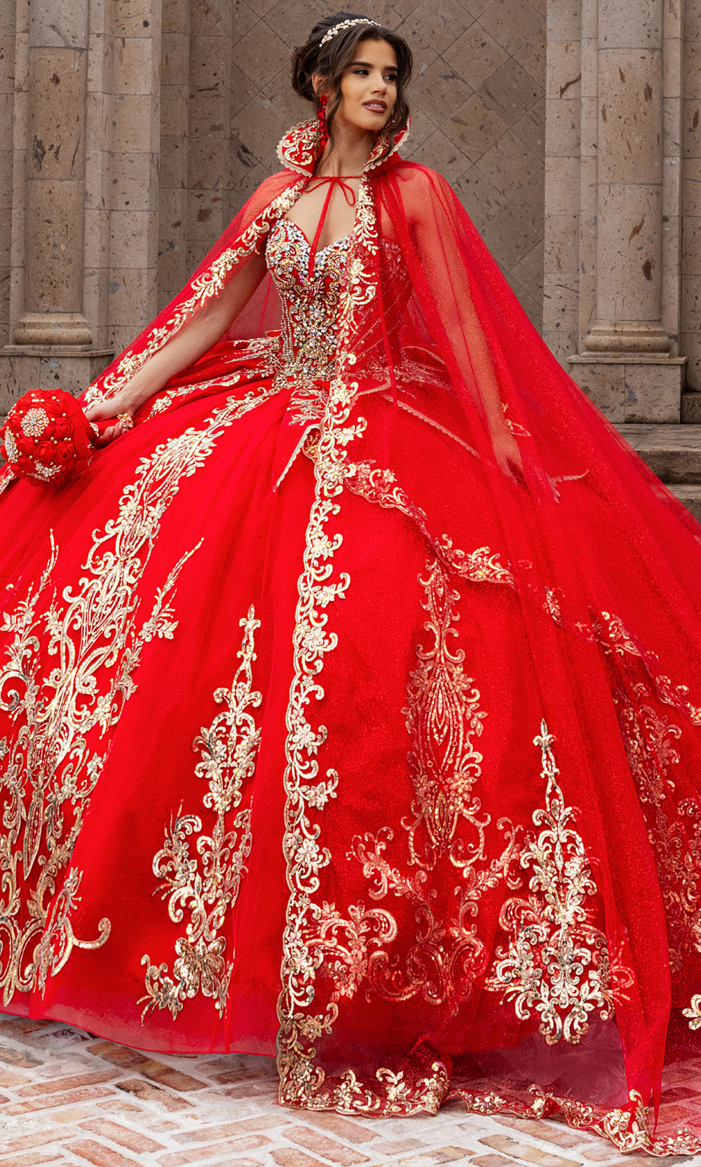 Rachel Allan RQ6015 - Strapless Quince Ball Dress Quinceanera Dresses in Red Gold