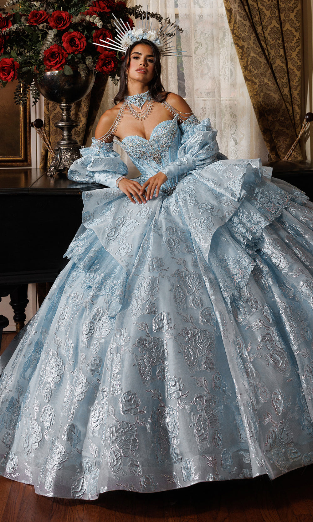 Rachel Allan RQ6020 - Strapless Corset Floral Ballgown Quinceanera Dresses in Blue    