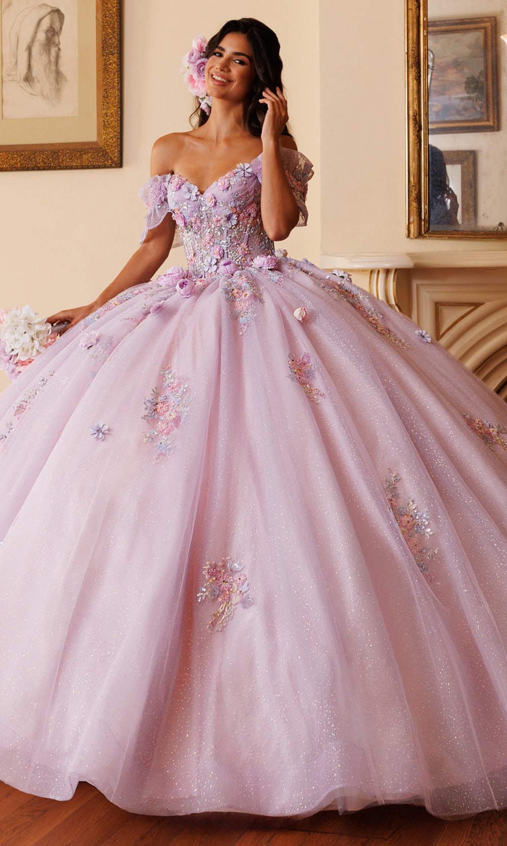 Rachel Allan RQ6022 - Floral Strapless Glitter Tulle Ballgown Quinceanera Dresses in Pink    