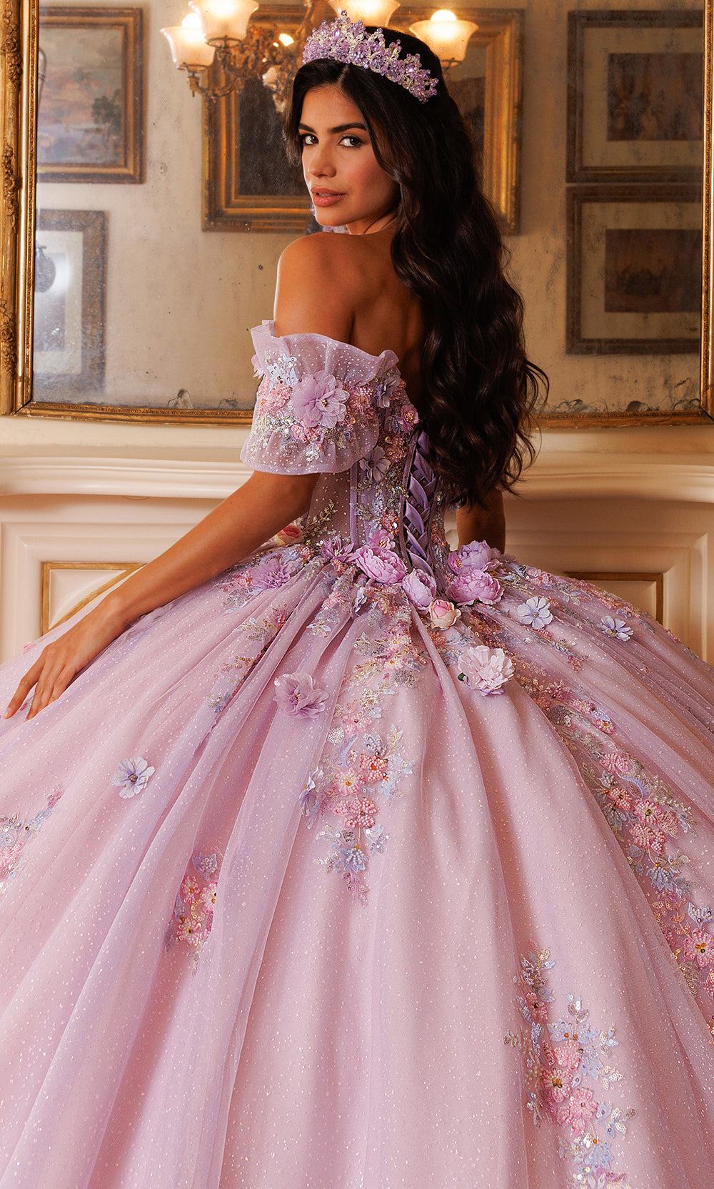 Rachel Allan RQ6022 - Floral Strapless Glitter Tulle Ballgown Quinceanera Dresses in Purple    