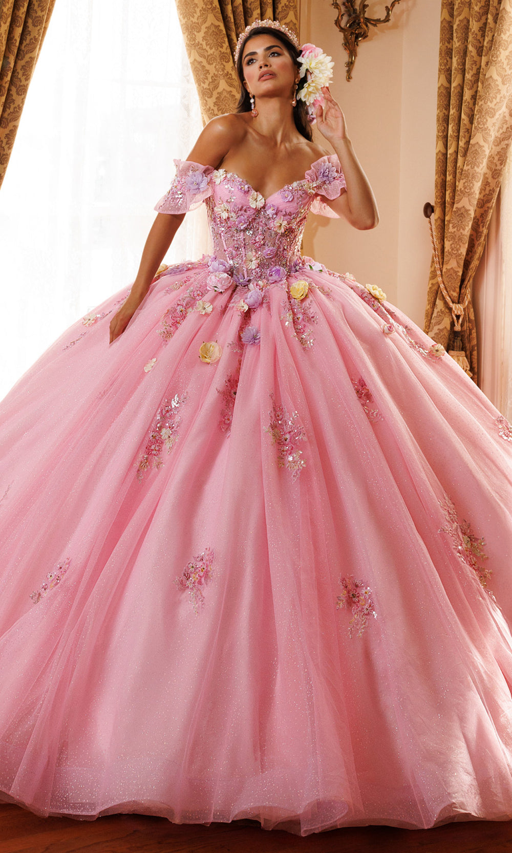 Rachel Allan RQ6022 - Floral Strapless Glitter Tulle Ballgown Quinceanera Dresses in Pink    
