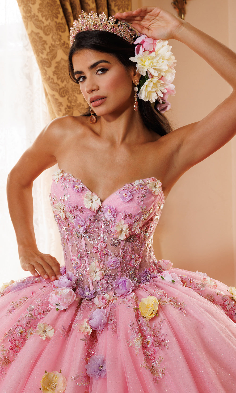 Rachel Allan RQ6022 - Floral Strapless Glitter Tulle Ballgown Quinceanera Dresses in Pink    