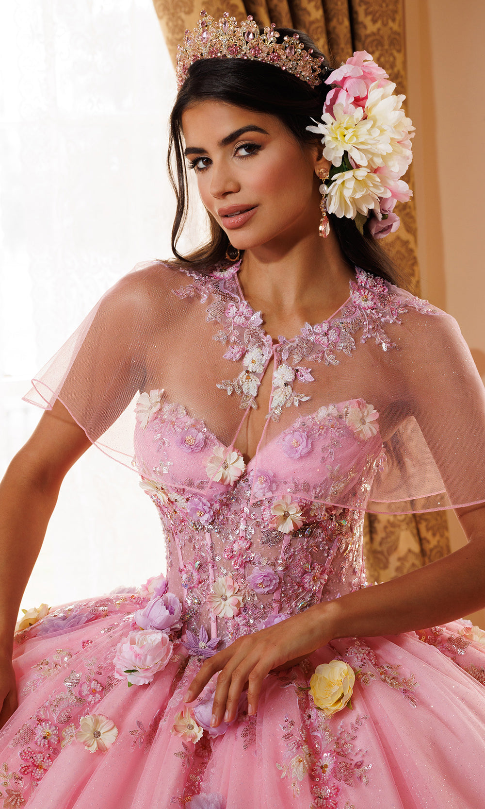 Rachel Allan RQ6022 - Floral Strapless Glitter Tulle Ballgown Quinceanera Dresses in Pink    