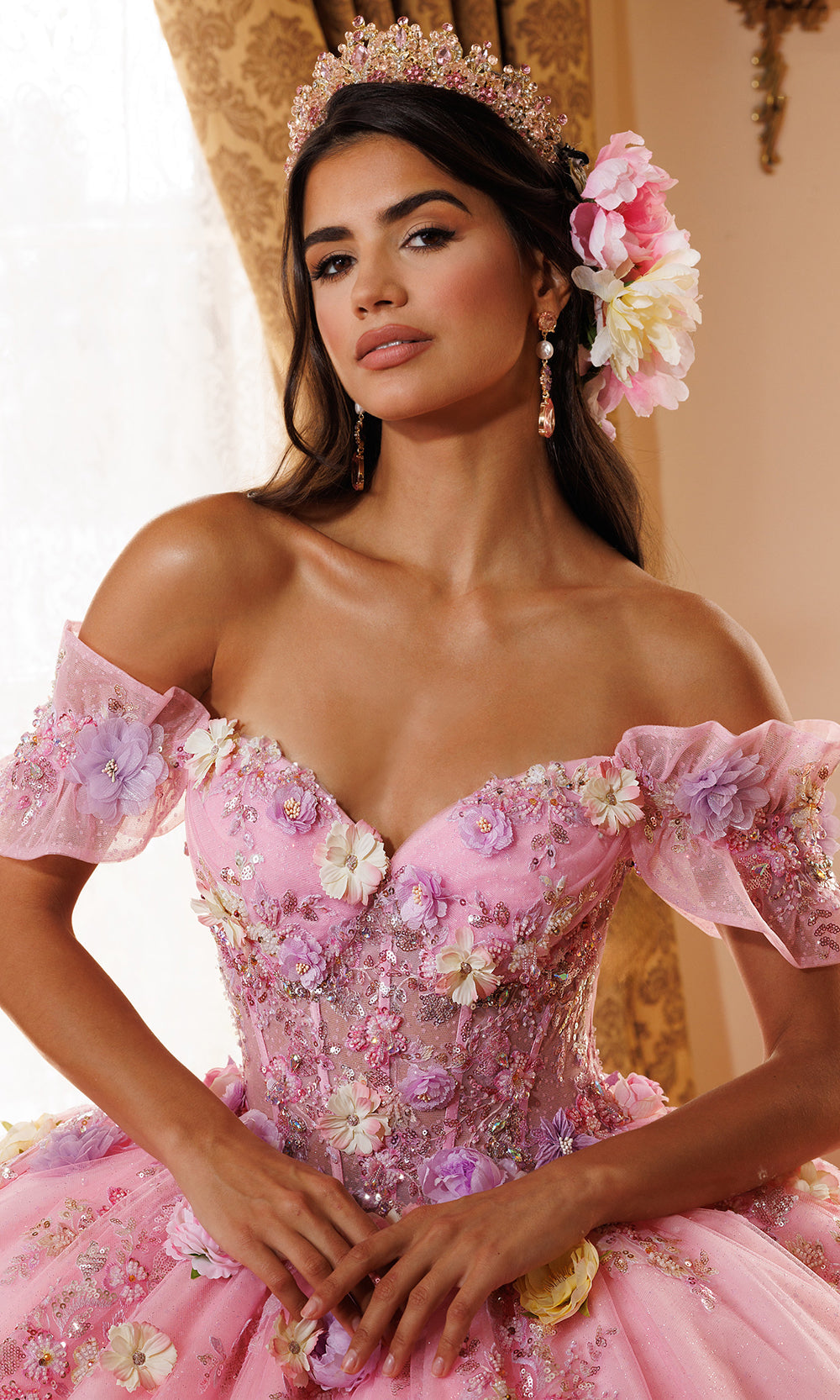 Rachel Allan RQ6022 - Floral Strapless Glitter Tulle Ballgown Quinceanera Dresses in Pink    