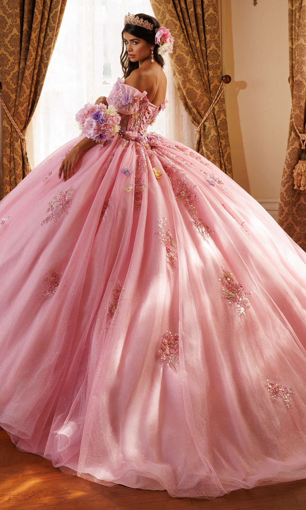 Rachel Allan RQ6022 - Floral Strapless Glitter Tulle Ballgown Quinceanera Dresses in Pink    