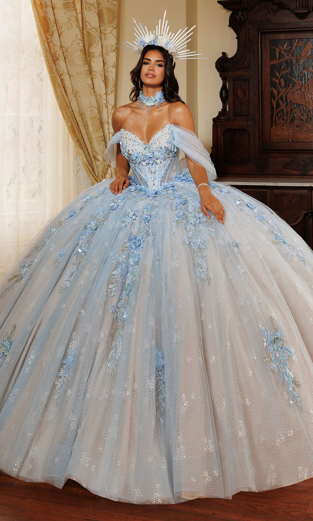 Rachel Allan RQ6023 - Ruffle Train Floral Embellished Gown Quinceanera Dresses in Blue    