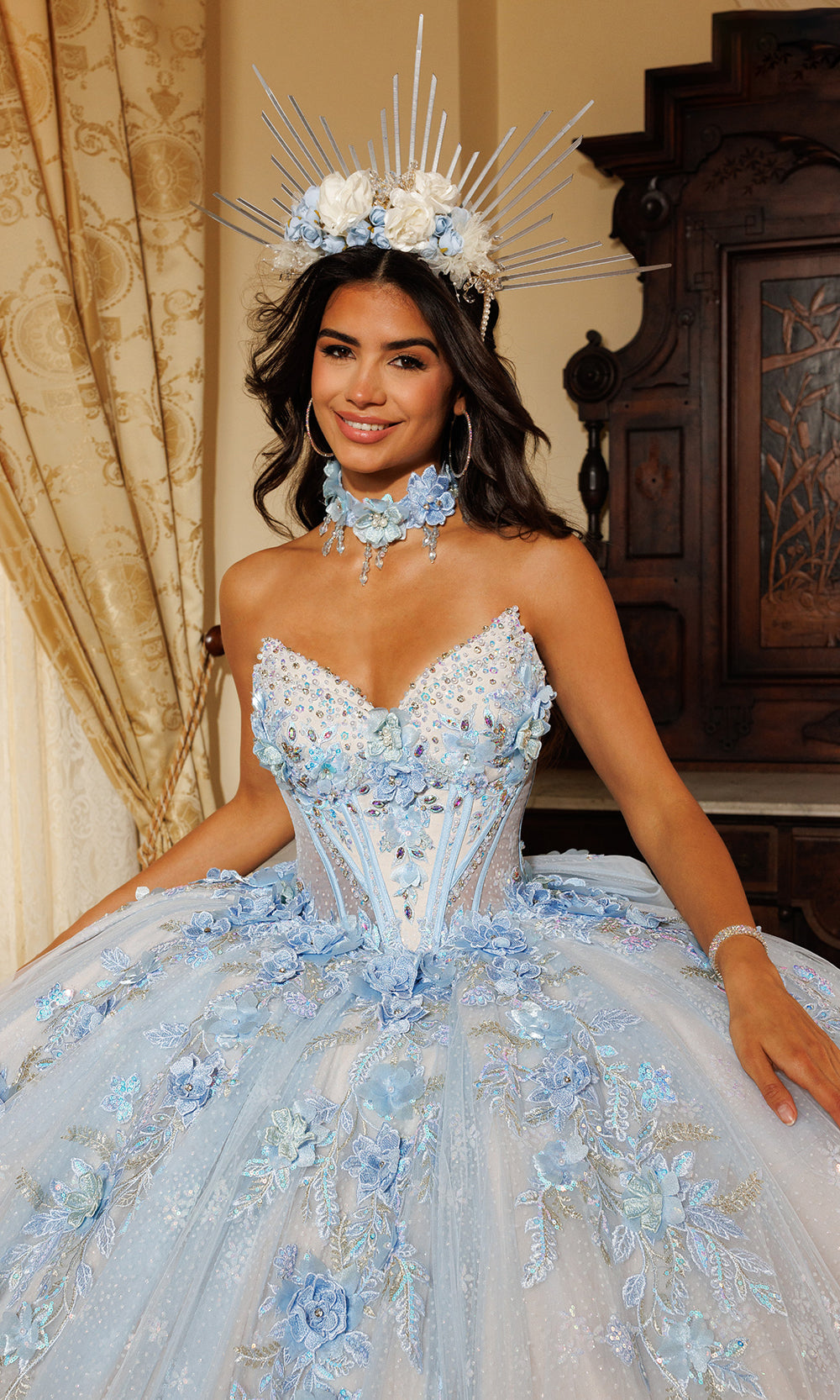 Rachel Allan RQ6023 - Ruffle Train Floral Embellished Gown Quinceanera Dresses in Blue    