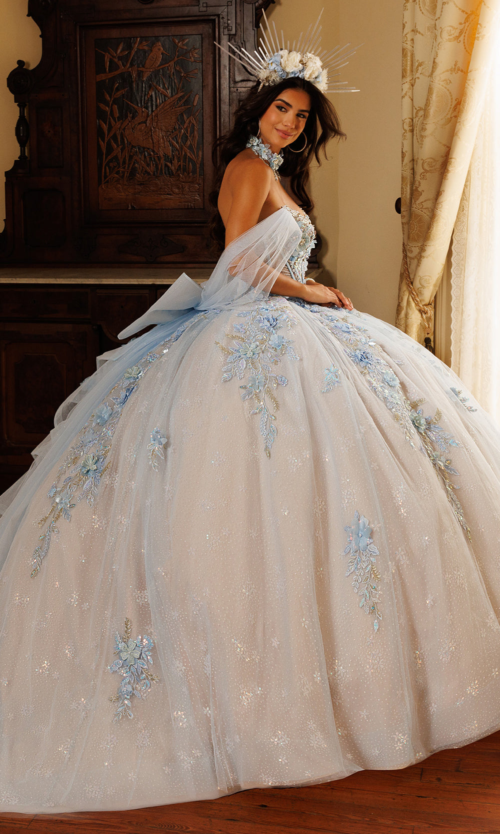 Rachel Allan RQ6023 - Ruffle Train Floral Embellished Gown Quinceanera Dresses in Blue    