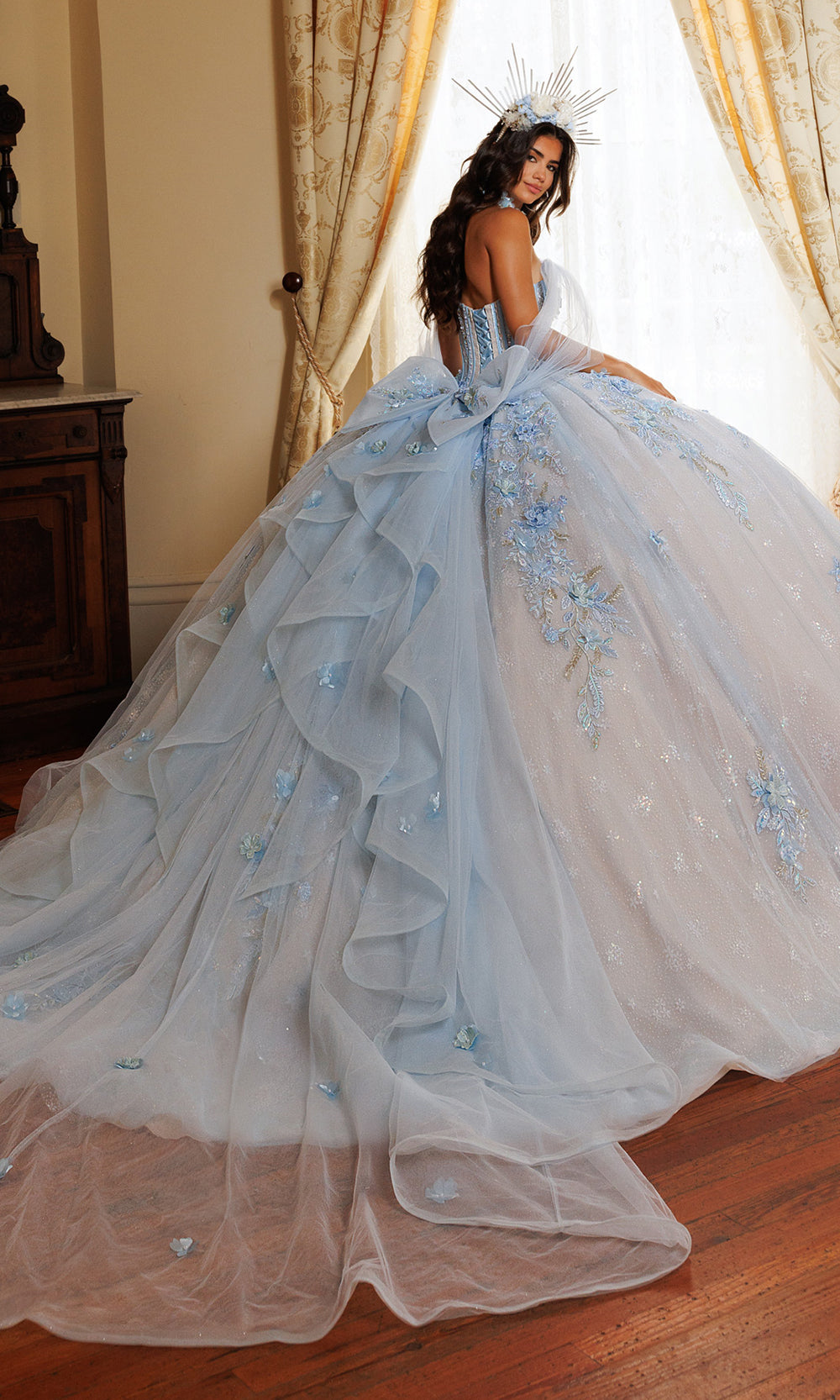 Rachel Allan RQ6023 - Ruffle Train Floral Embellished Gown Quinceanera Dresses in Blue    