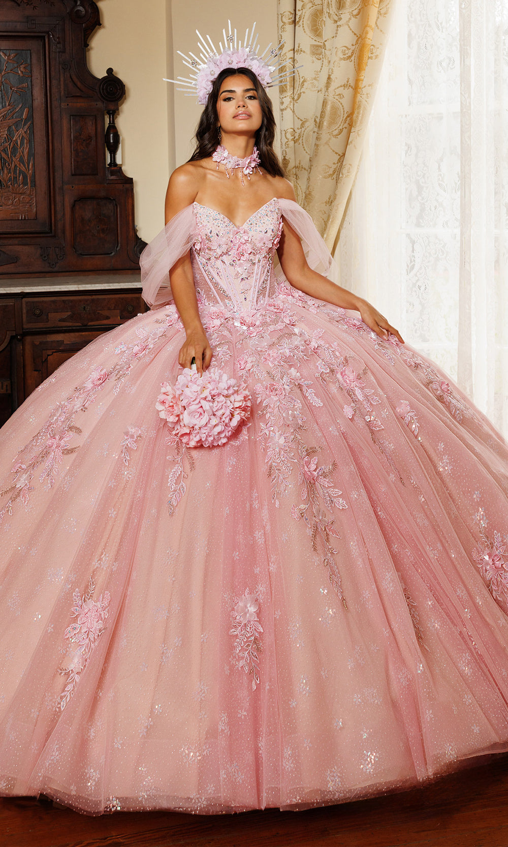 Rachel Allan RQ6023 - Ruffle Train Floral Embellished Gown Quinceanera Dresses in Pink    