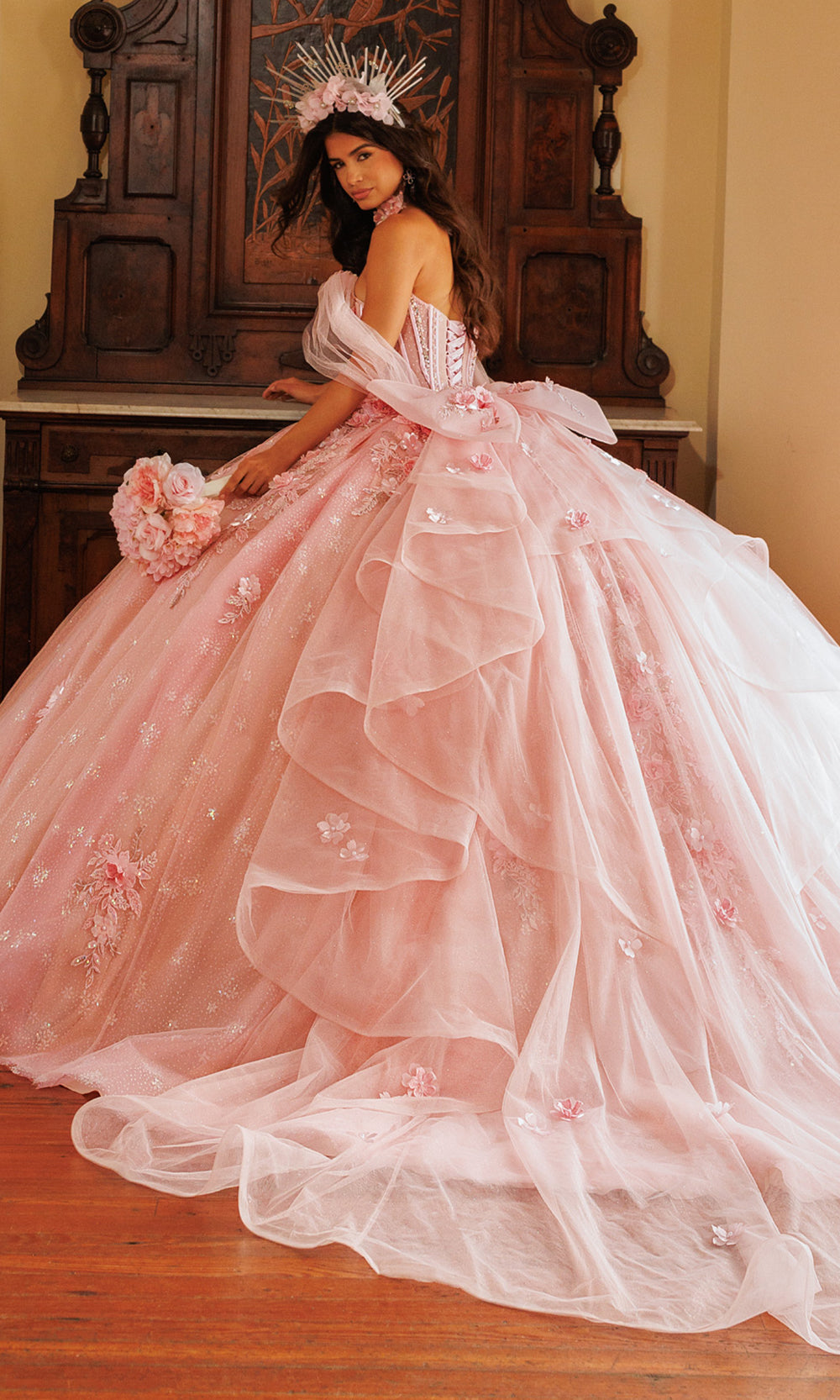 Rachel Allan RQ6023 - Ruffle Train Floral Embellished Gown Quinceanera Dresses in Pink    